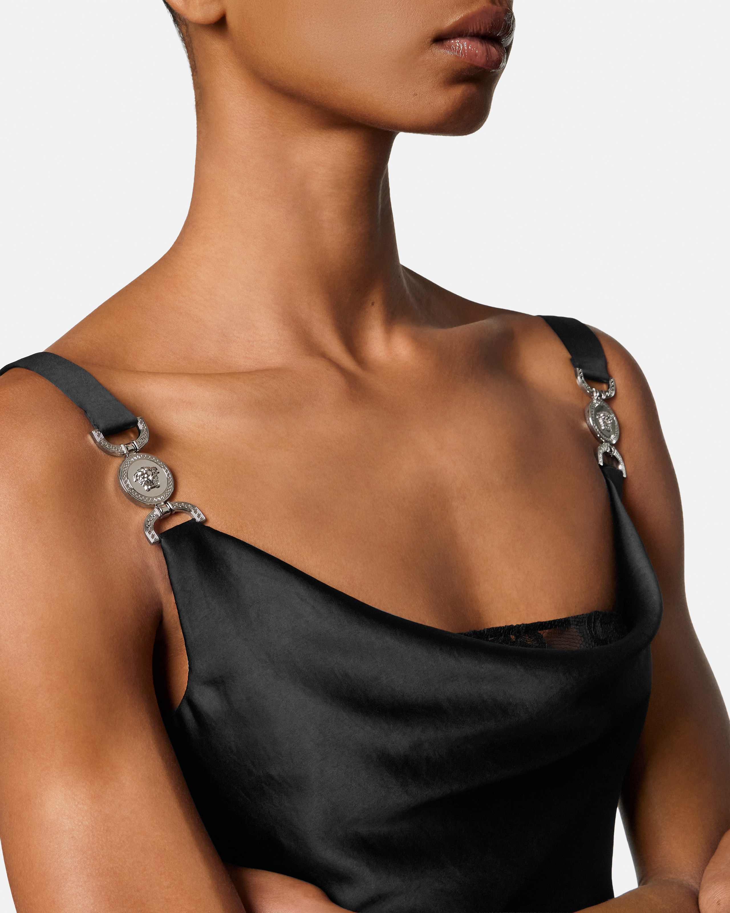 versace satin mini dress Lace-Trim Satin Mini Dress Black
