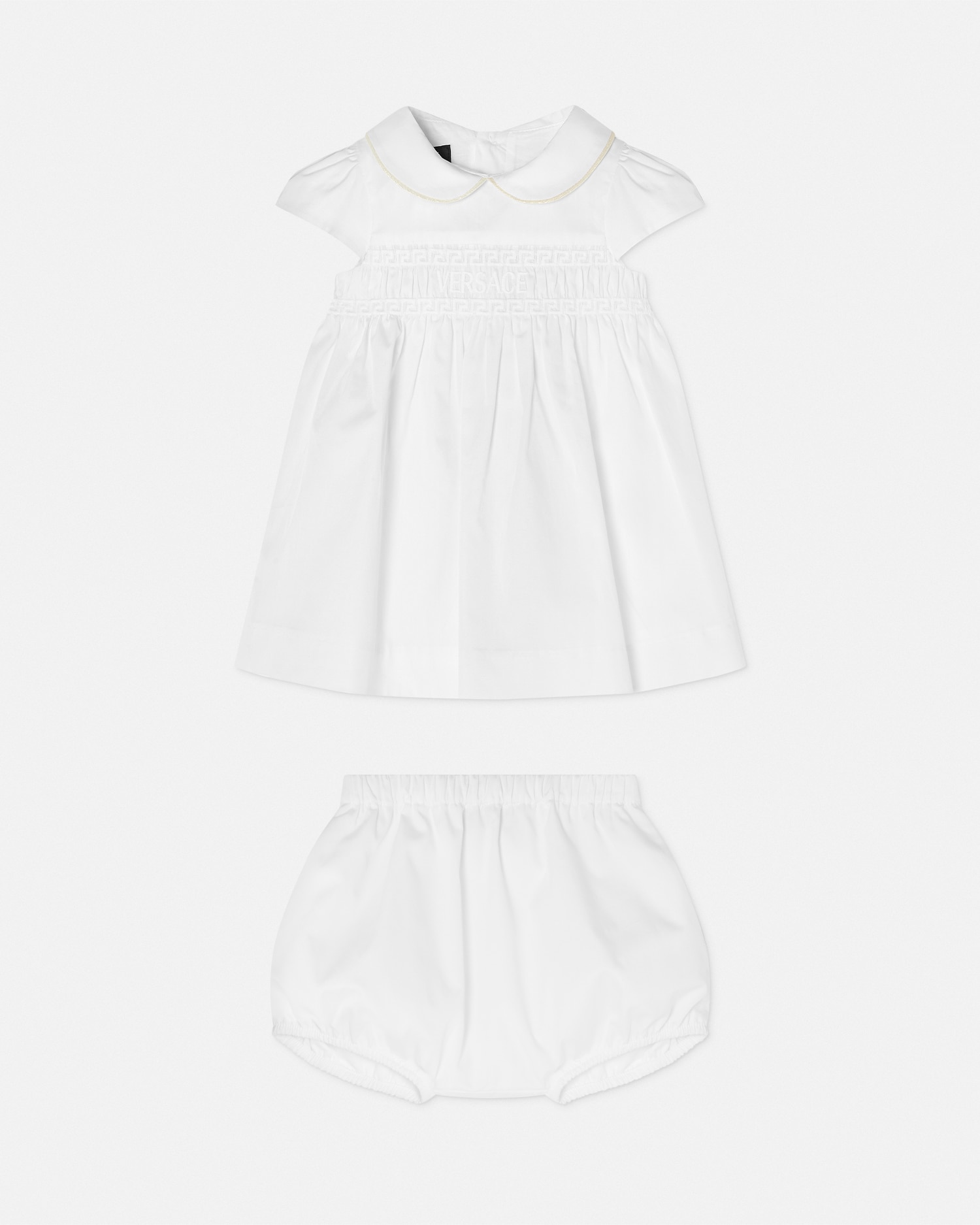 Versace Embroidered  Logo Baby Dress Set In White+print