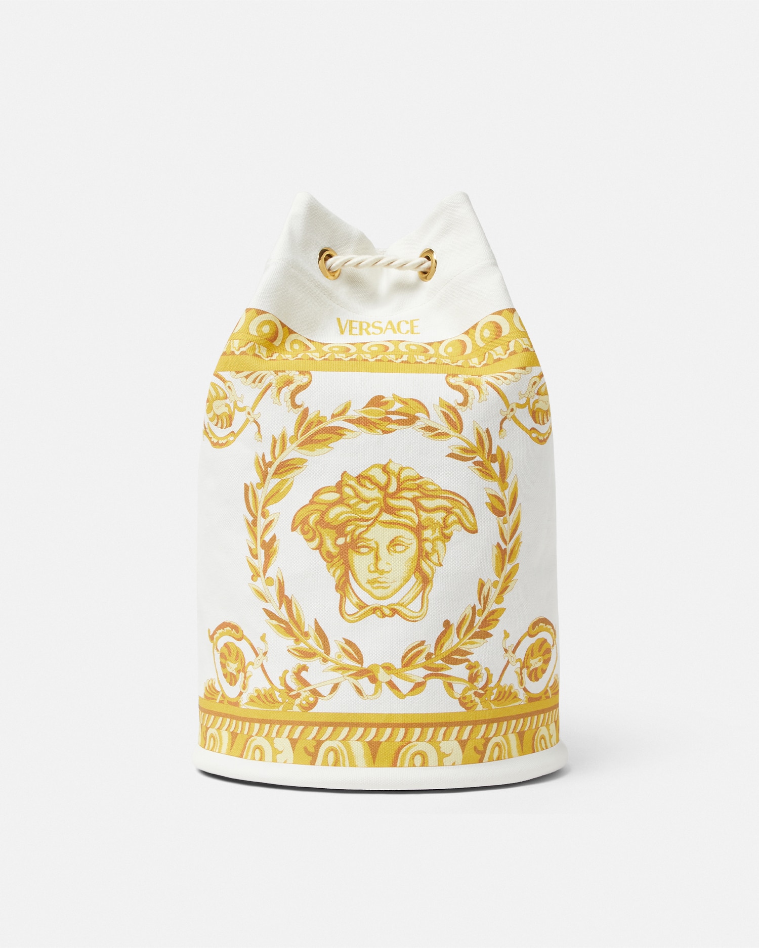 Versace Medusa Kids Canvas Sling Bucket Bag In Blanc+or