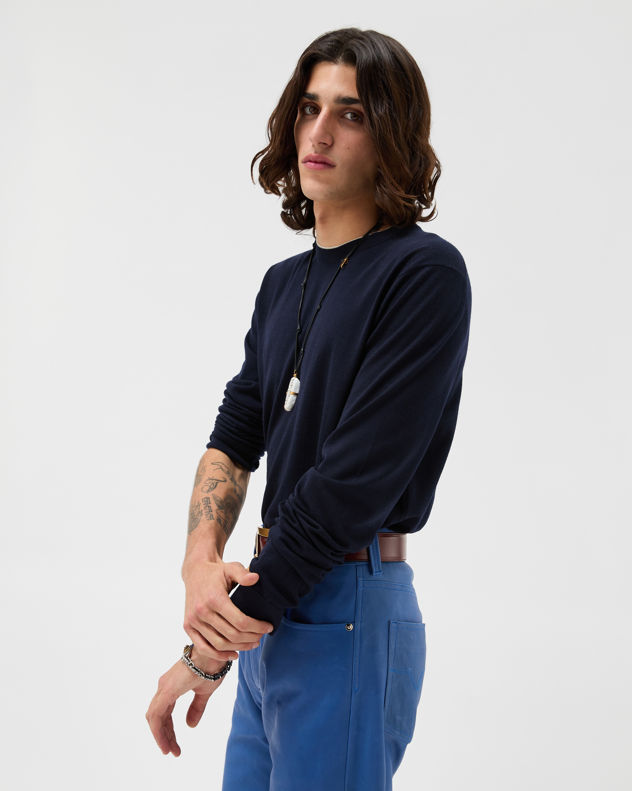 Embroidered Wool Knit Crewneck Sweater Blue | VERSACE US
