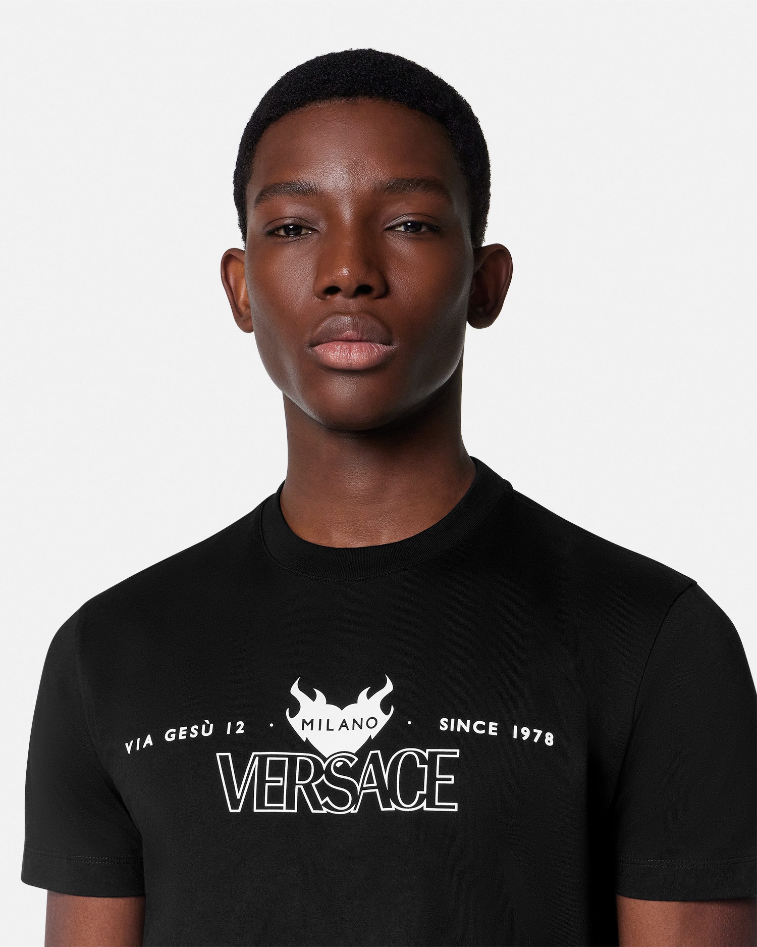 Printed Cotton-Jersey T-Shirt Black,Print | VERSACE US