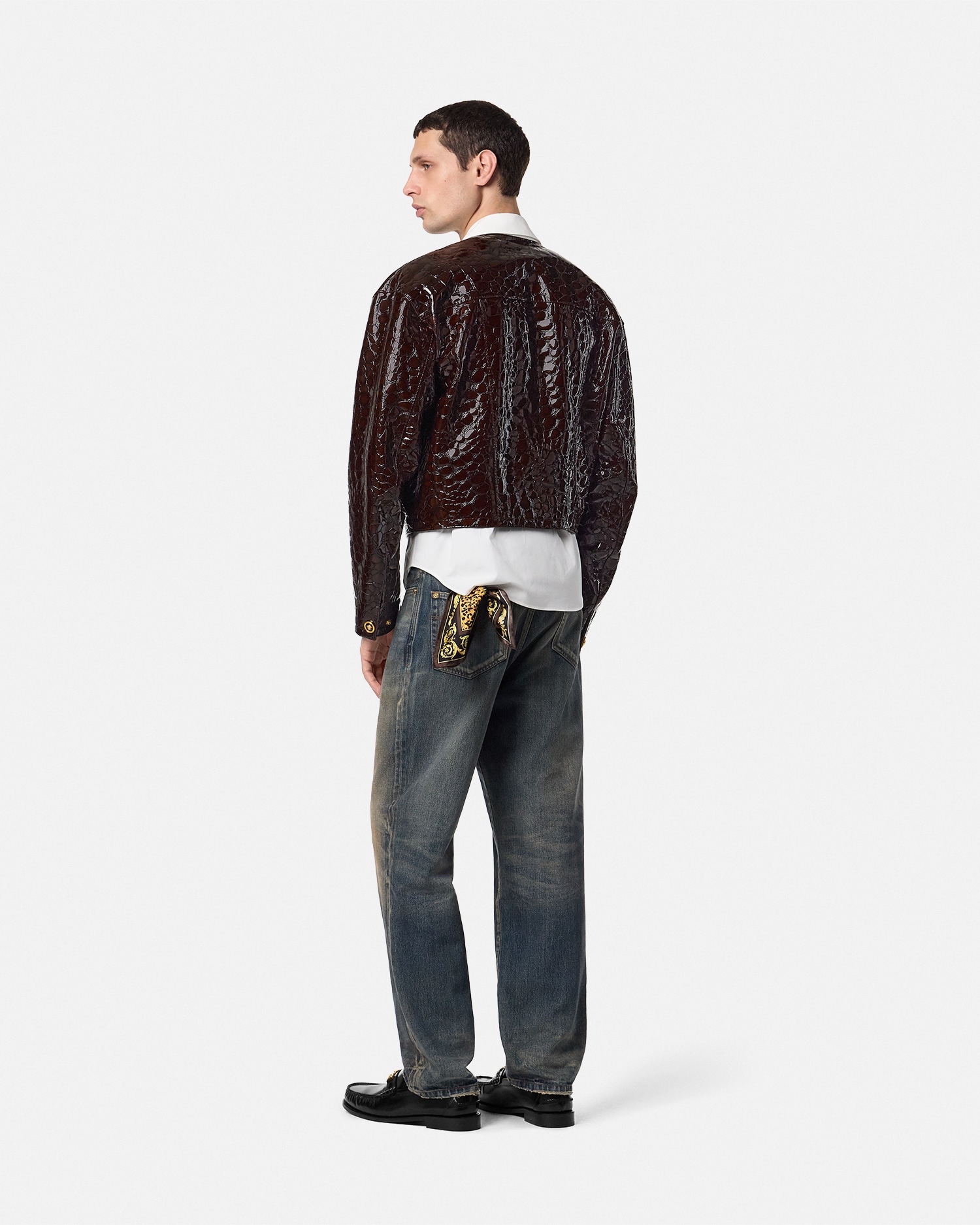 Versace Veste En Cuir Verni Effet Croco In Burgundy