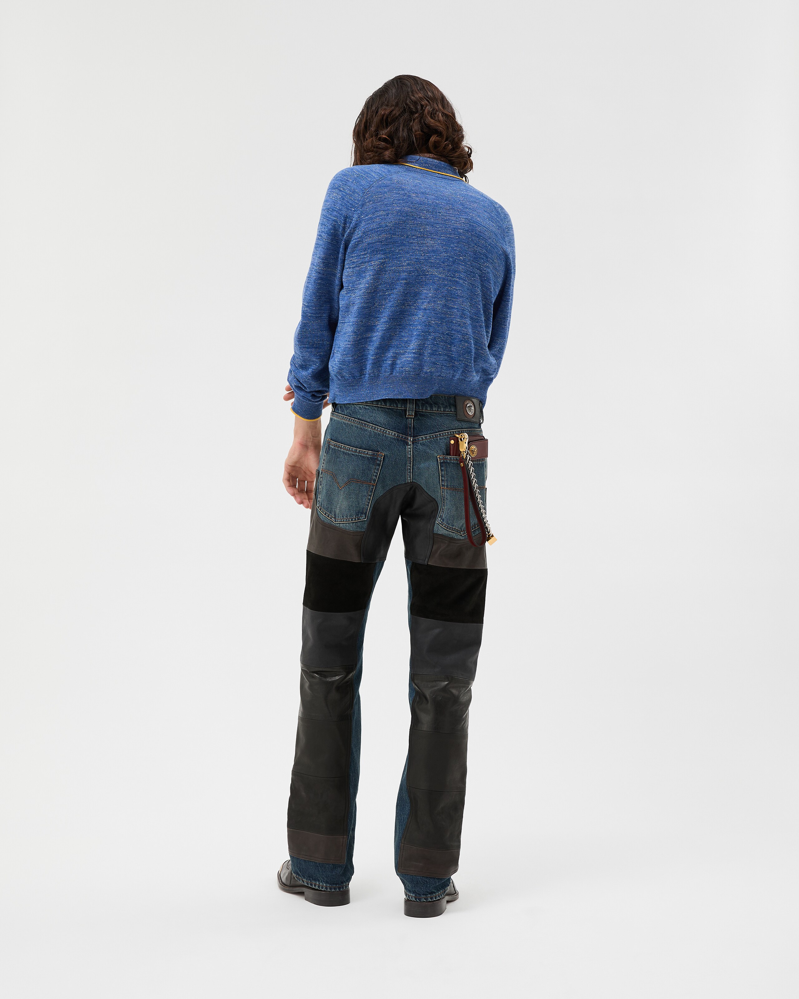 Leather Patchwork Straight Jeans Blue,Black | VERSACE US