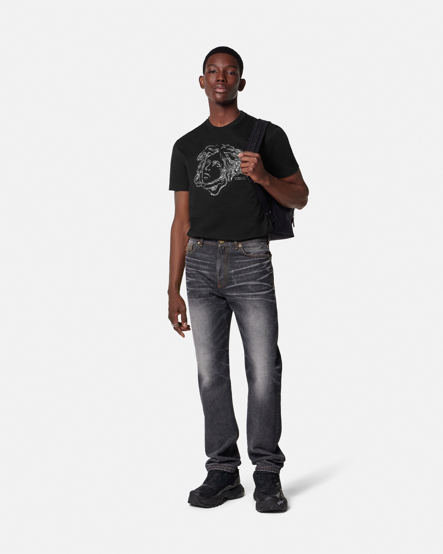 Embroidered Cotton-Jersey T-Shirt Black | VERSACE US