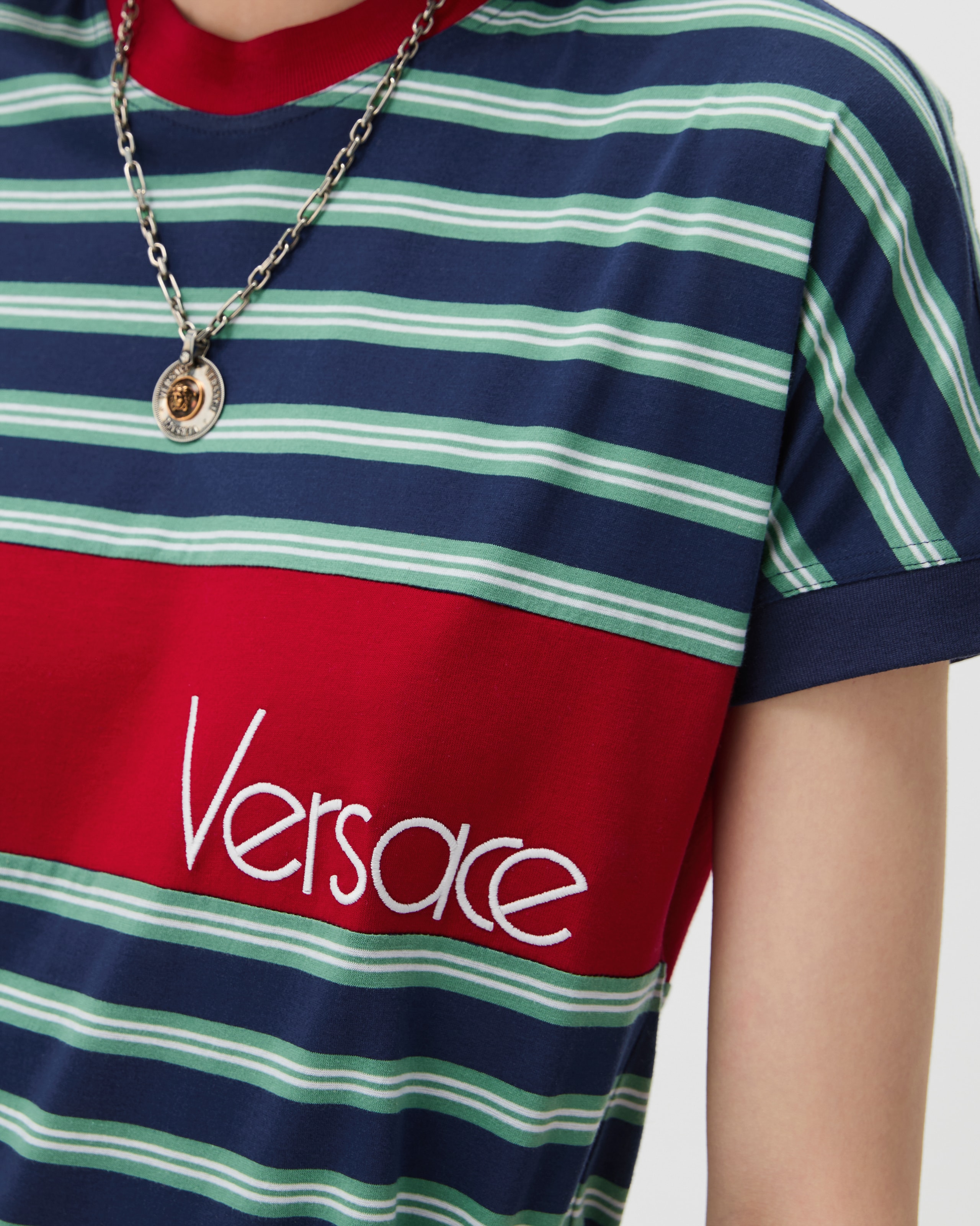 Embroidered-Logo Striped-Intarsia Cotton T-Shirt Blue,Red | VERSACE US