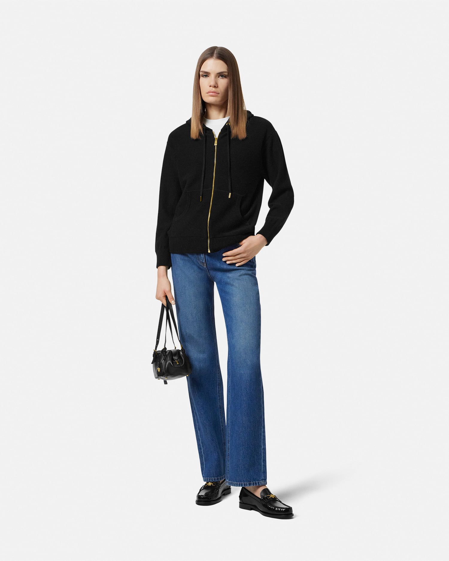 Cashmere-Wool Knit Zip Hoodie Black | VERSACE US