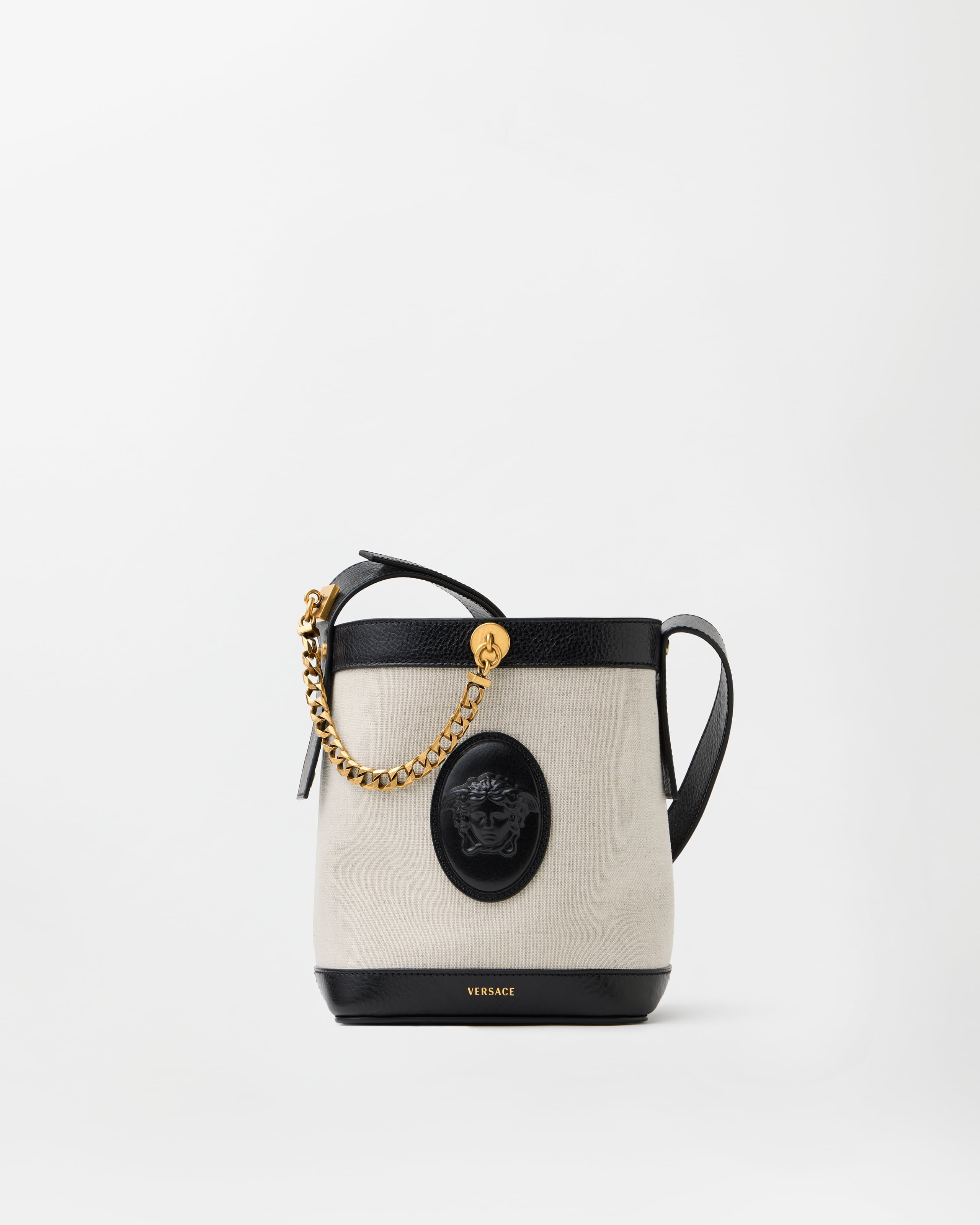 Versace Pivot Mini Canvas Bucket Bag In Black+beige