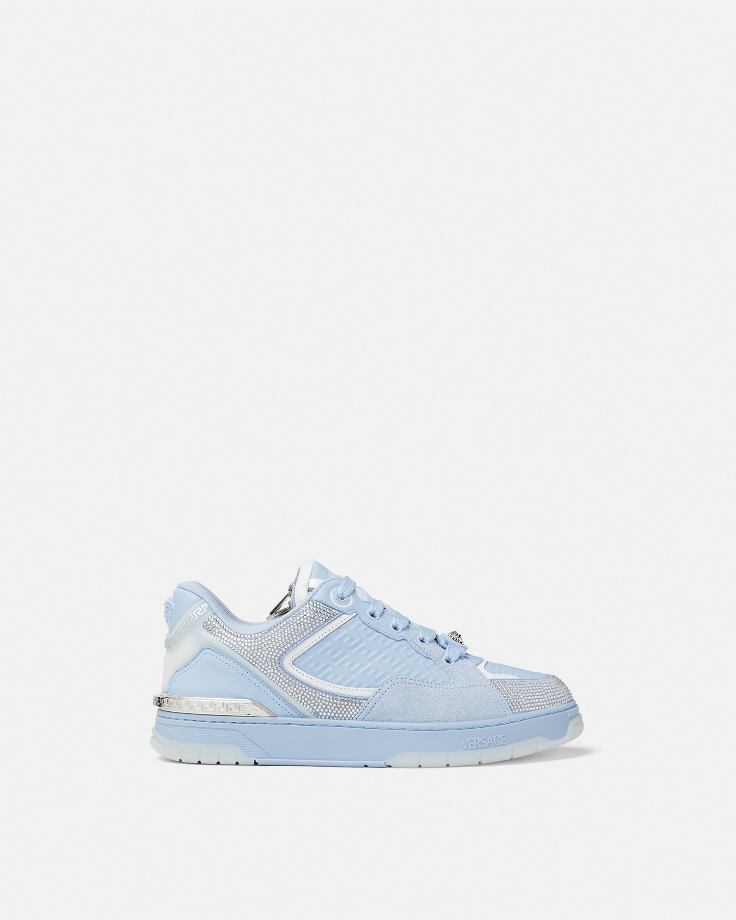 Biggie Basket Embellished Leather Sneakers Blue | VERSACE US