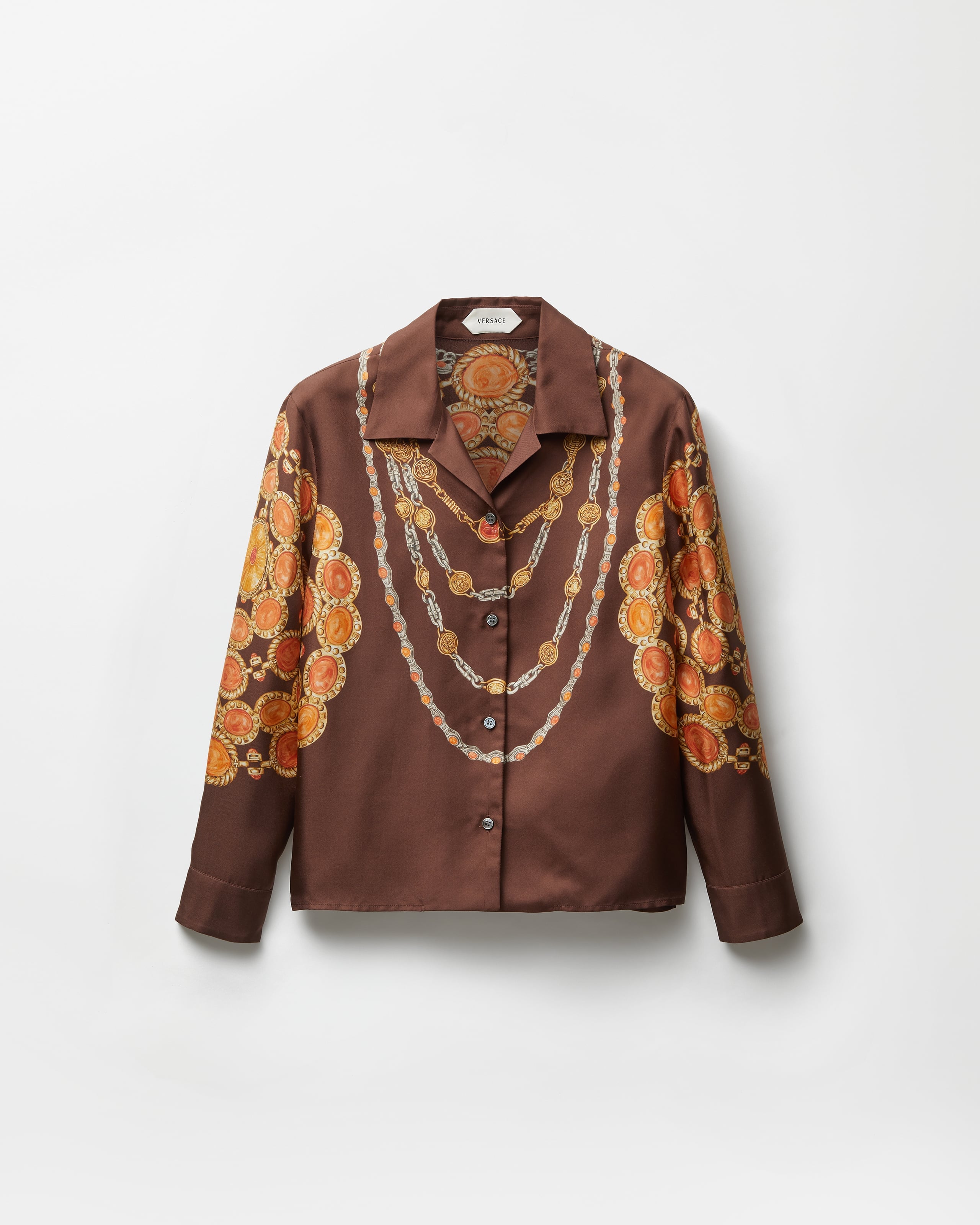 Printed Silk Twill Shirt Brown,Print | VERSACE UK