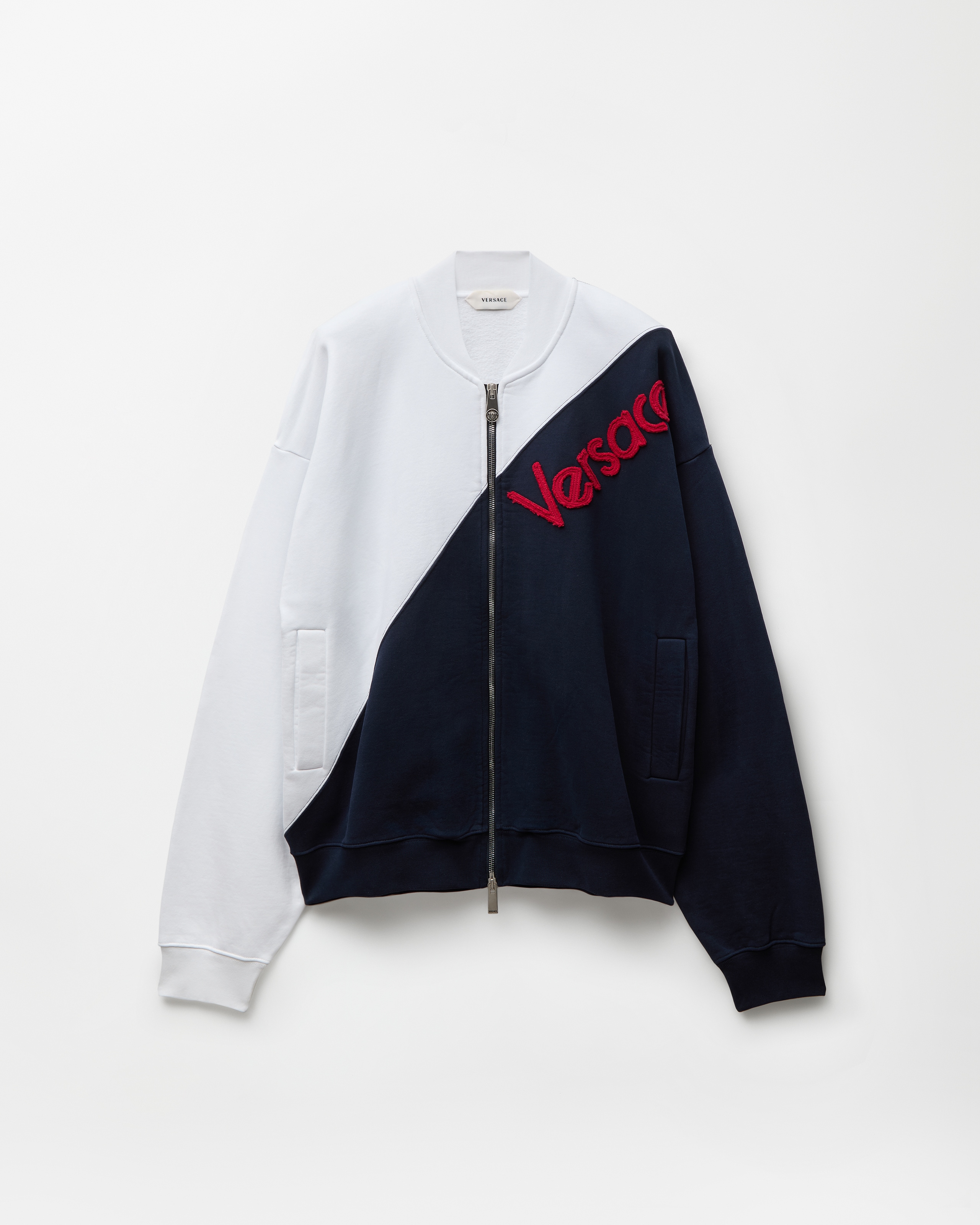 Versace Embroidered-logo Cotton Zip Sweatshirt In Blue