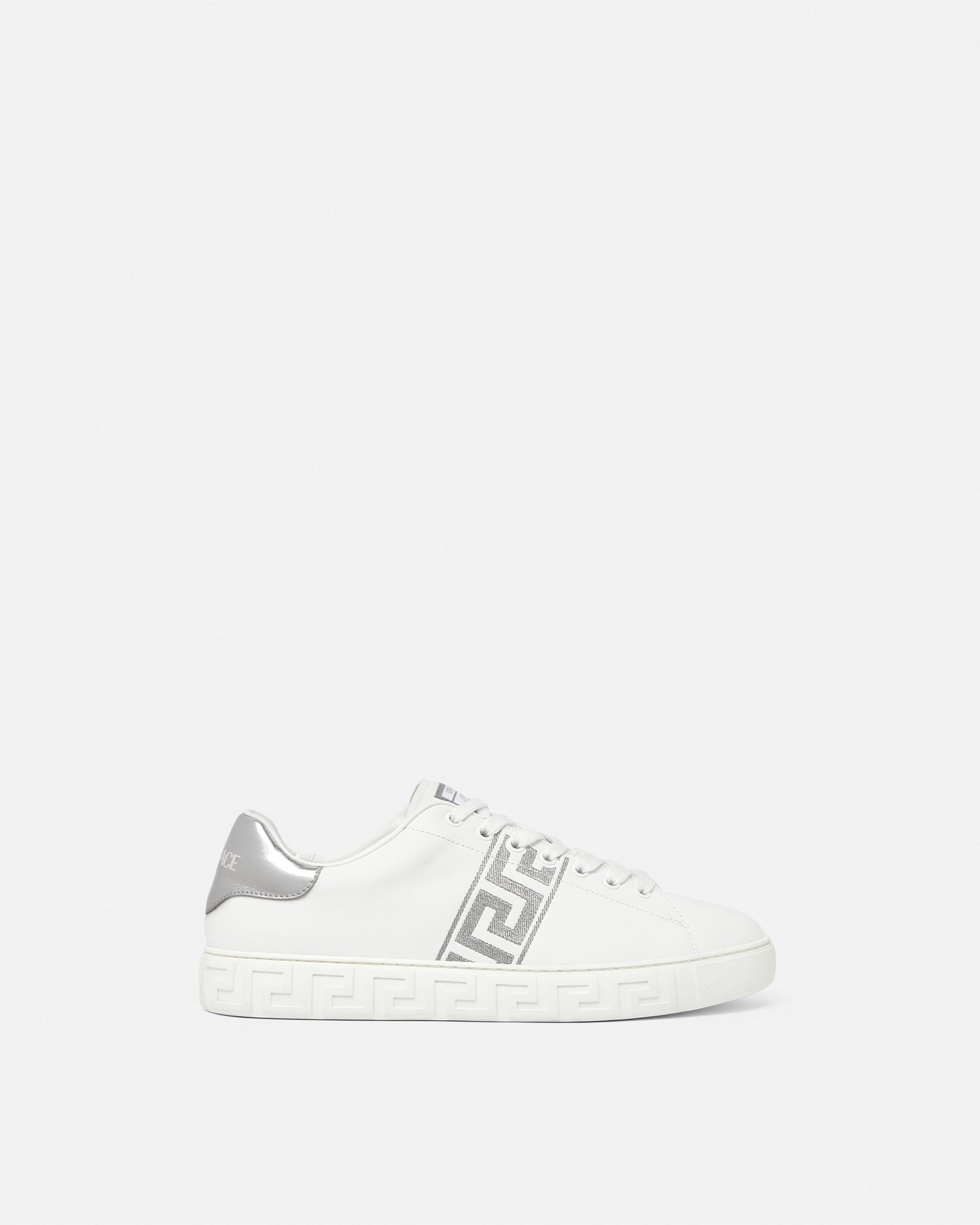 Versace Embroidered Greca Sneakers In White+silver