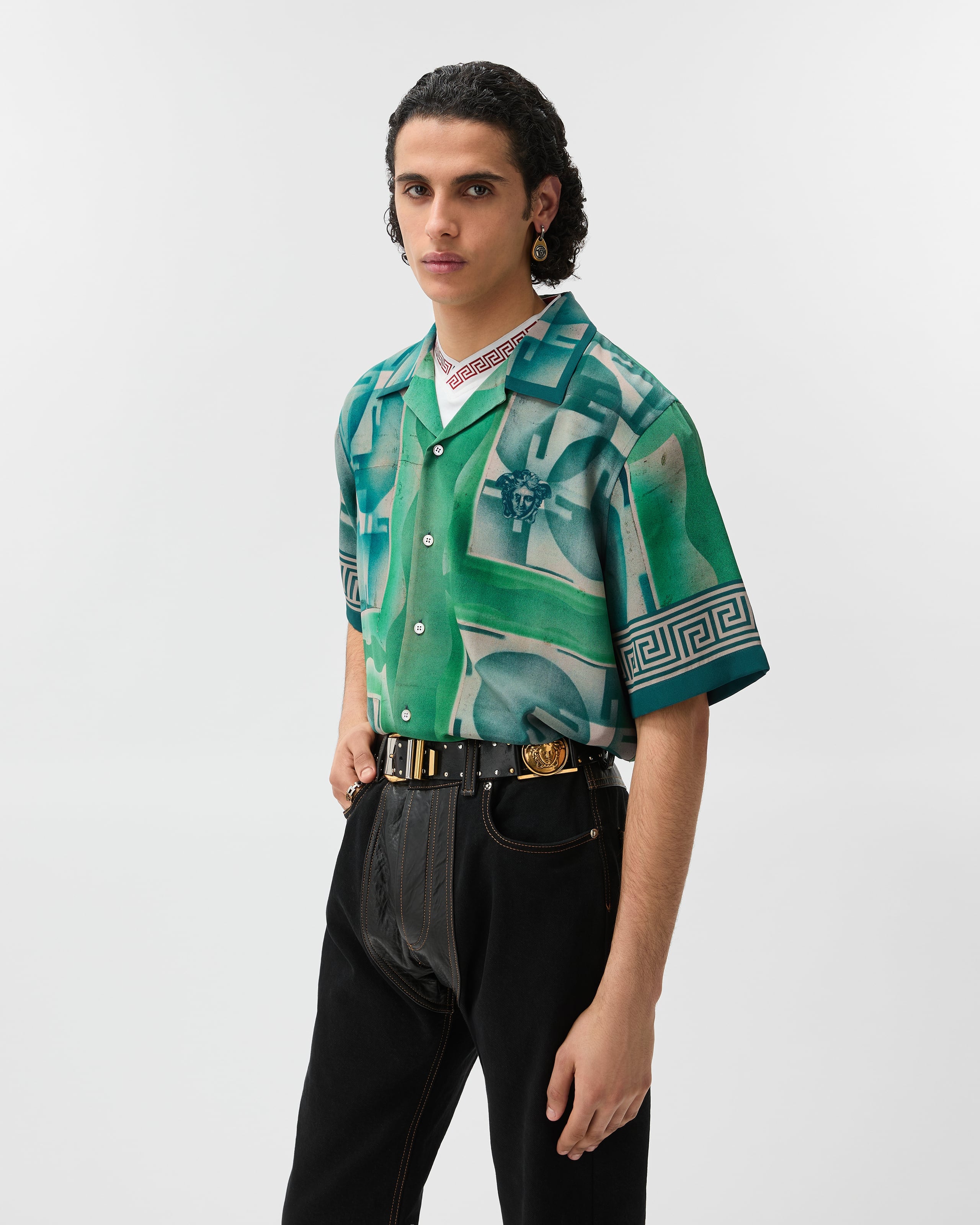 Printed Crêpe De Chine Silk Shirt Green,Blue | VERSACE US