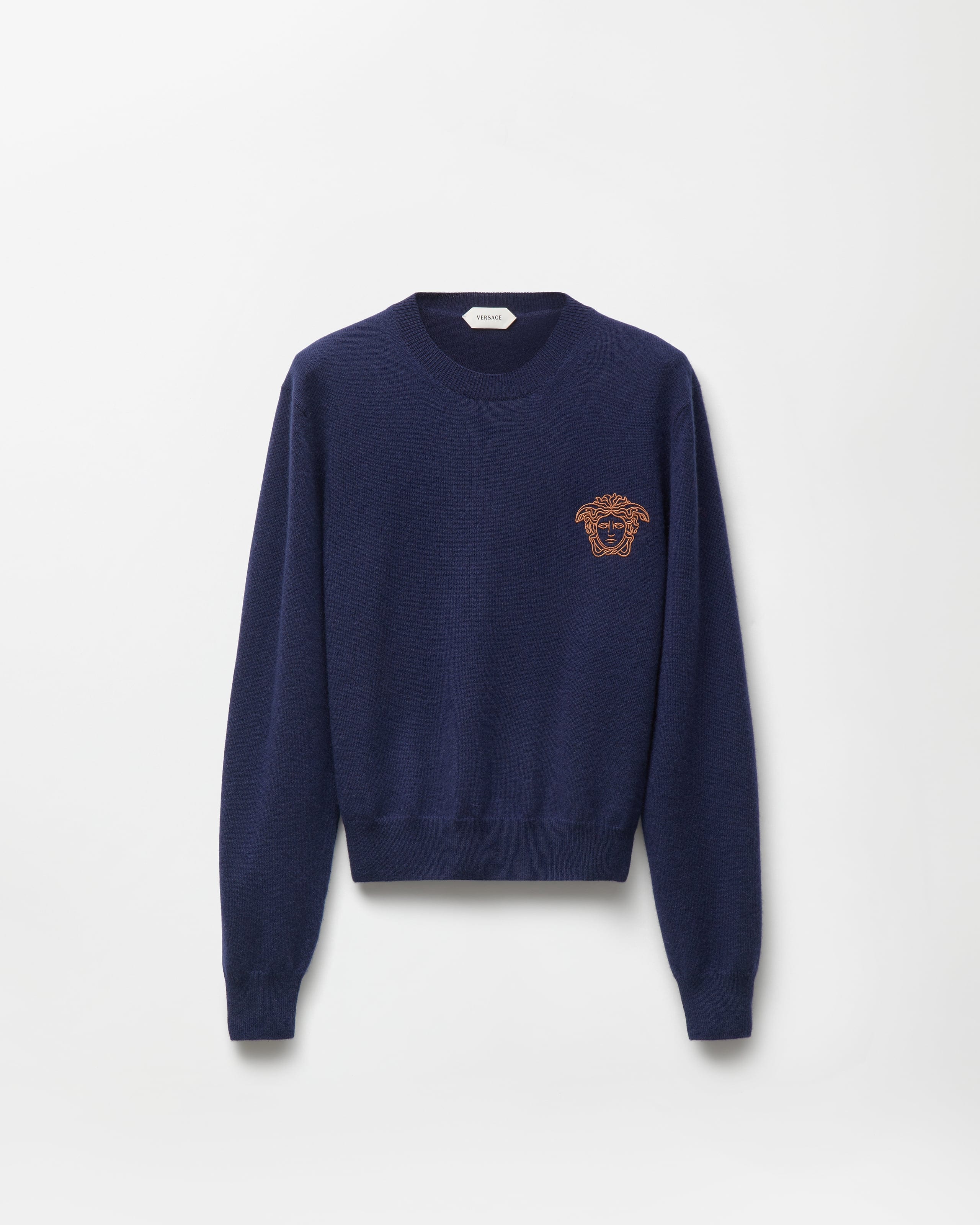 Versace Embroidered Cashmere Knit Crewneck Sweater In Blue