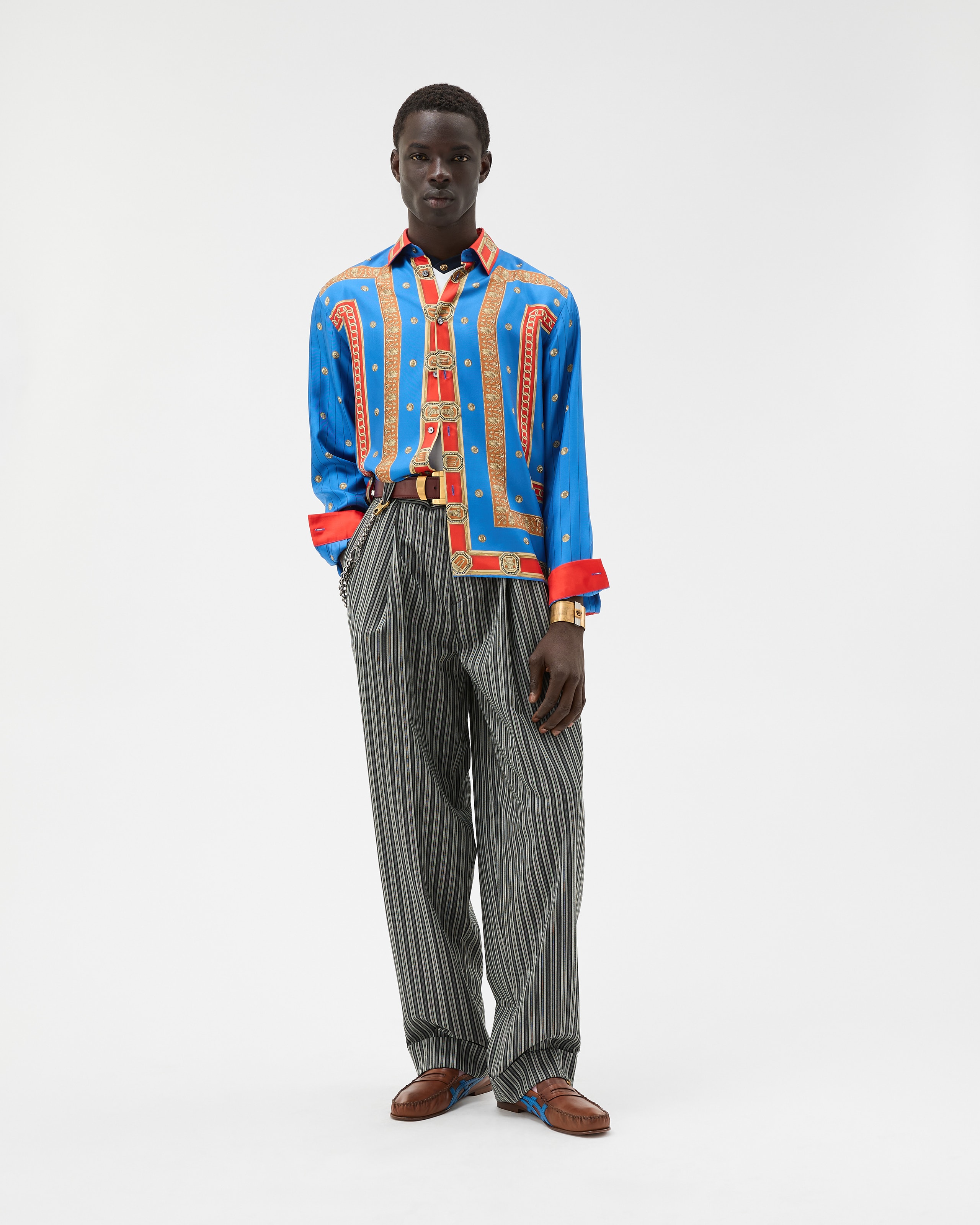 Versace Pinstripe Wool Oversized Pants In Gray