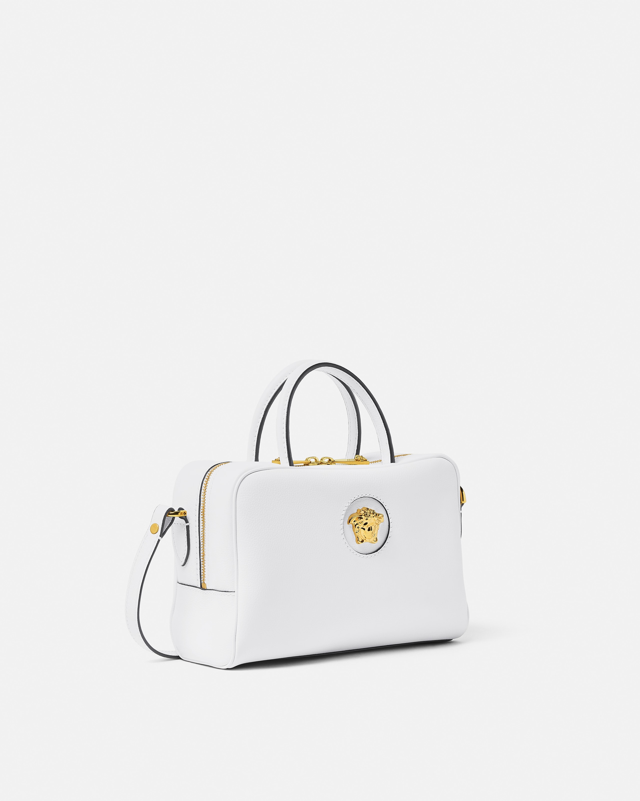 Versace La Medusa Leather Mini Boston Bag In White