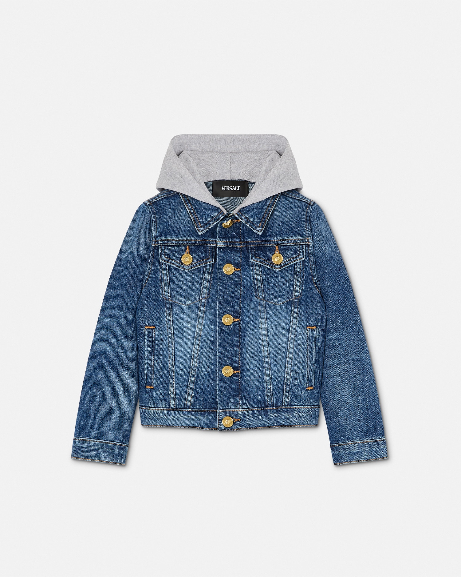 Versace Logo Kids Denim Jacket In Blue+gray