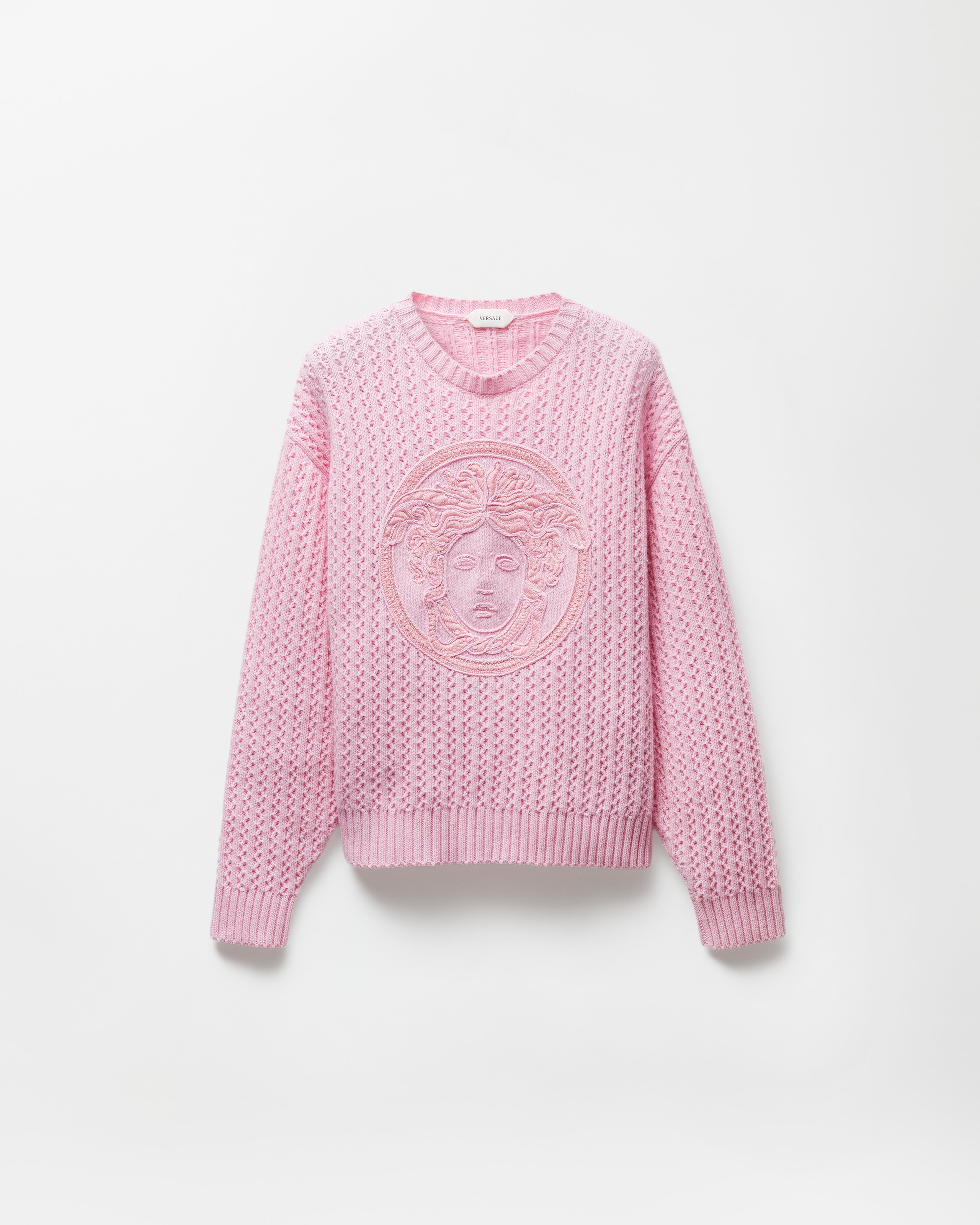 Versace Pull En Maille Brodée De Laine Et Cachemire In Rose Clair
