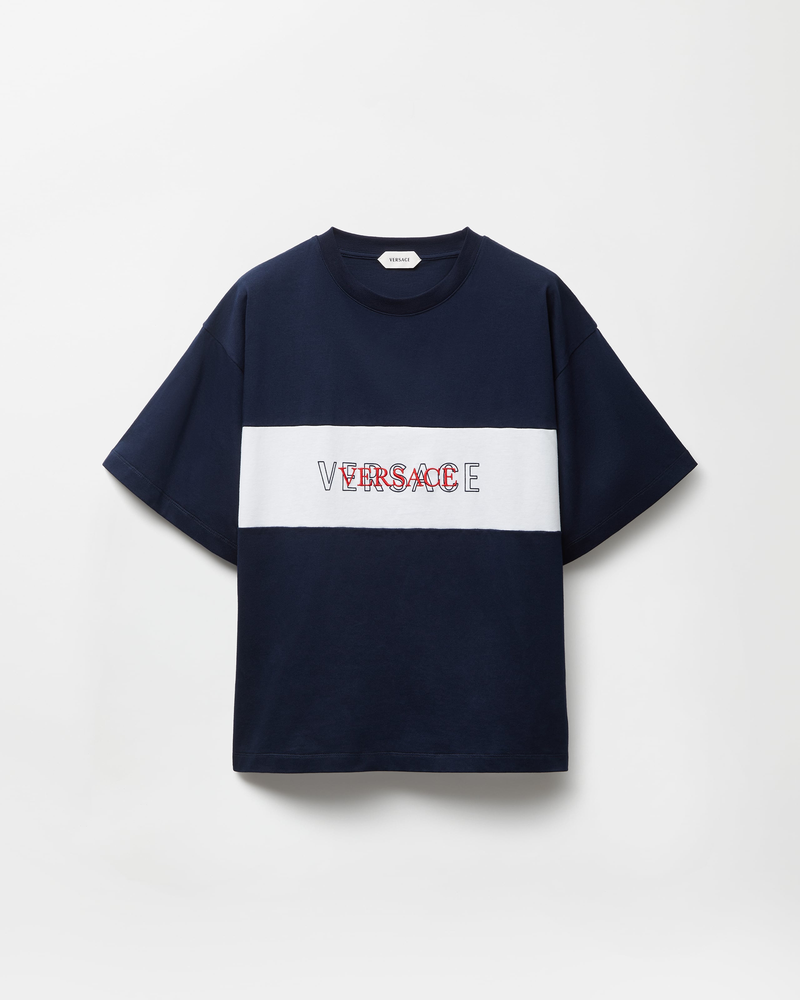 Intarsia Cotton-Jersey Regular T-shirt Blue | VERSACE CA