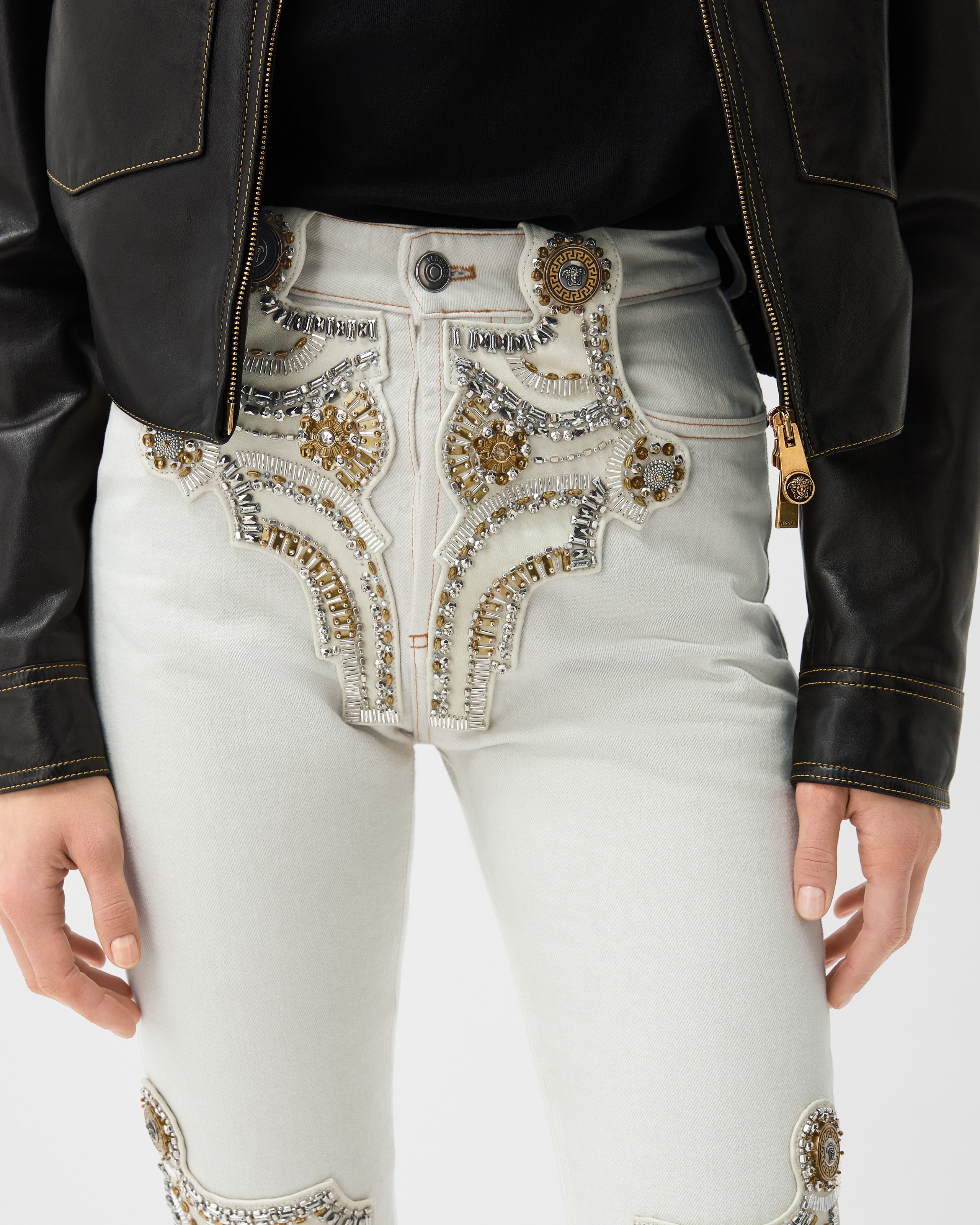 Embroidered Straight Jeans White | VERSACE US
