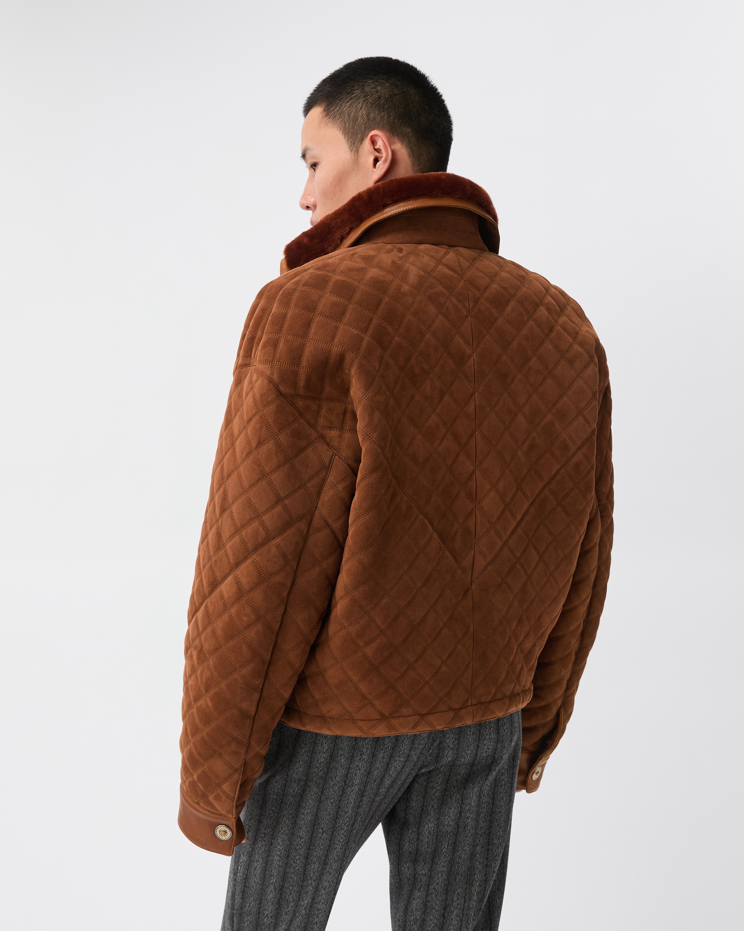 Suede & Shearling Quilted Blouson Brown | VERSACE US