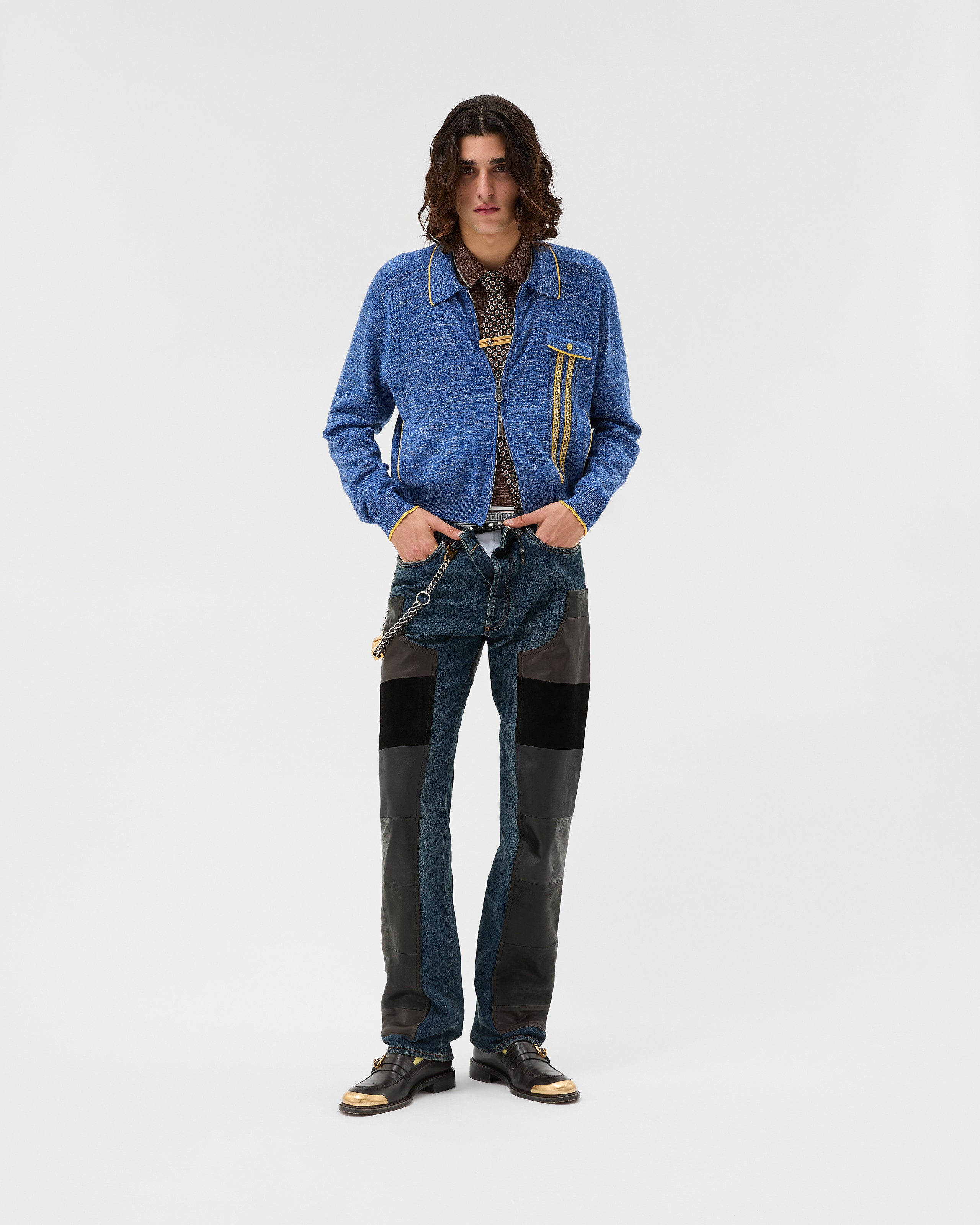 Leather Patchwork Straight Jeans Blue,Black | VERSACE US