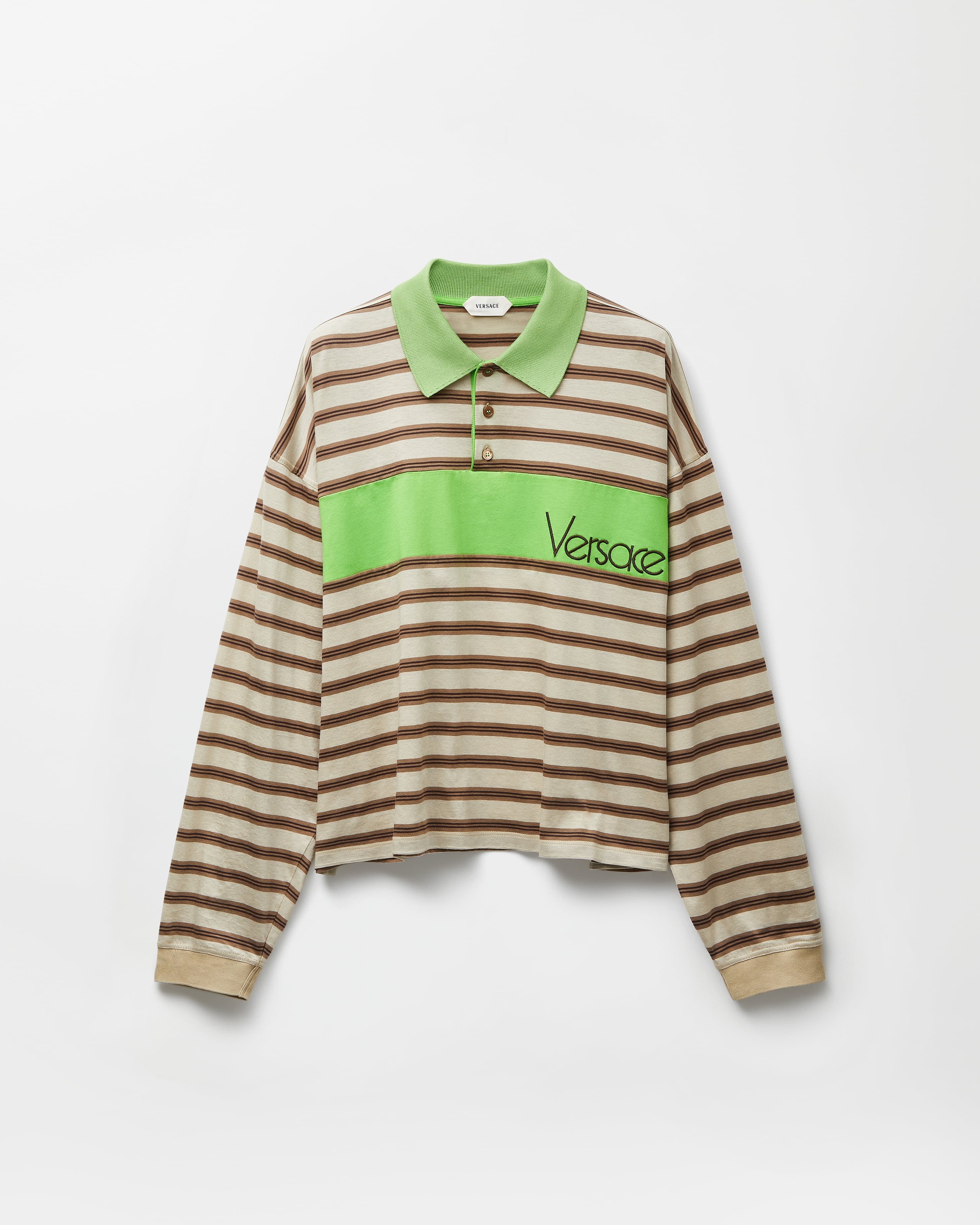 CHRISTOPH BROICH カットソー　ベルギー　M Embroidered-Logo Striped-Intarsia Cotton Polo Green,Brown | VERSACE
