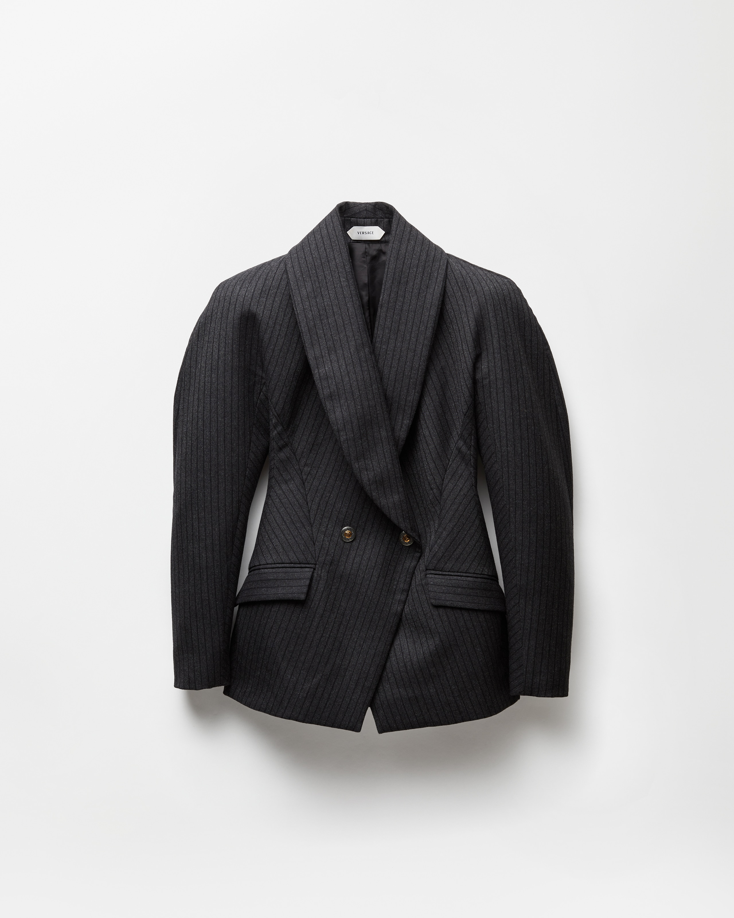 Versace Pinstripe Wool Twill Jacket In Black