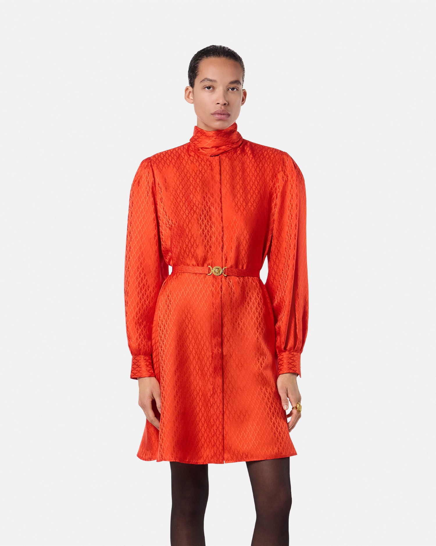 V Allover Jacquard Silk Lavallière Mini Dress
