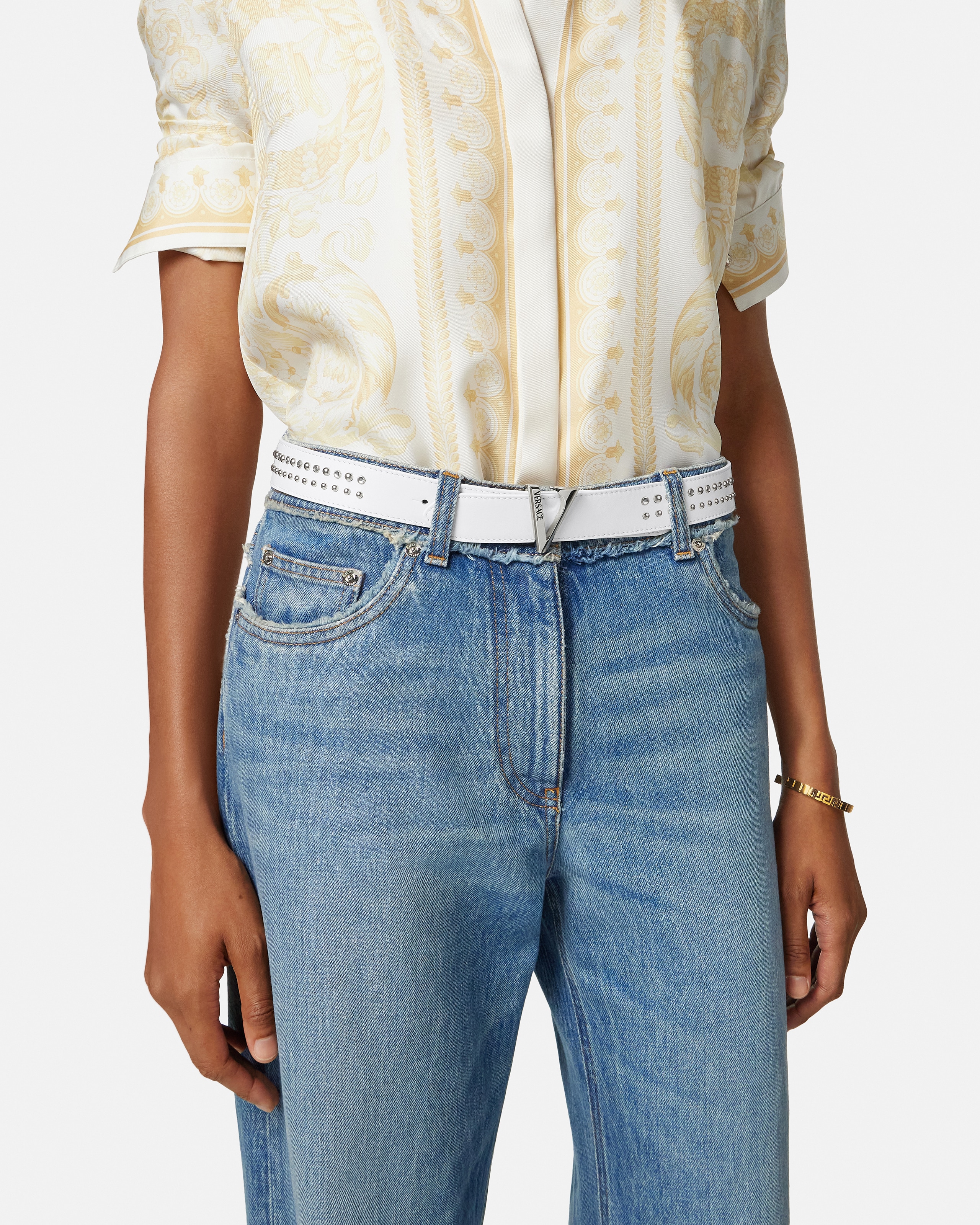 V Embellished Leather Belt 1.2"