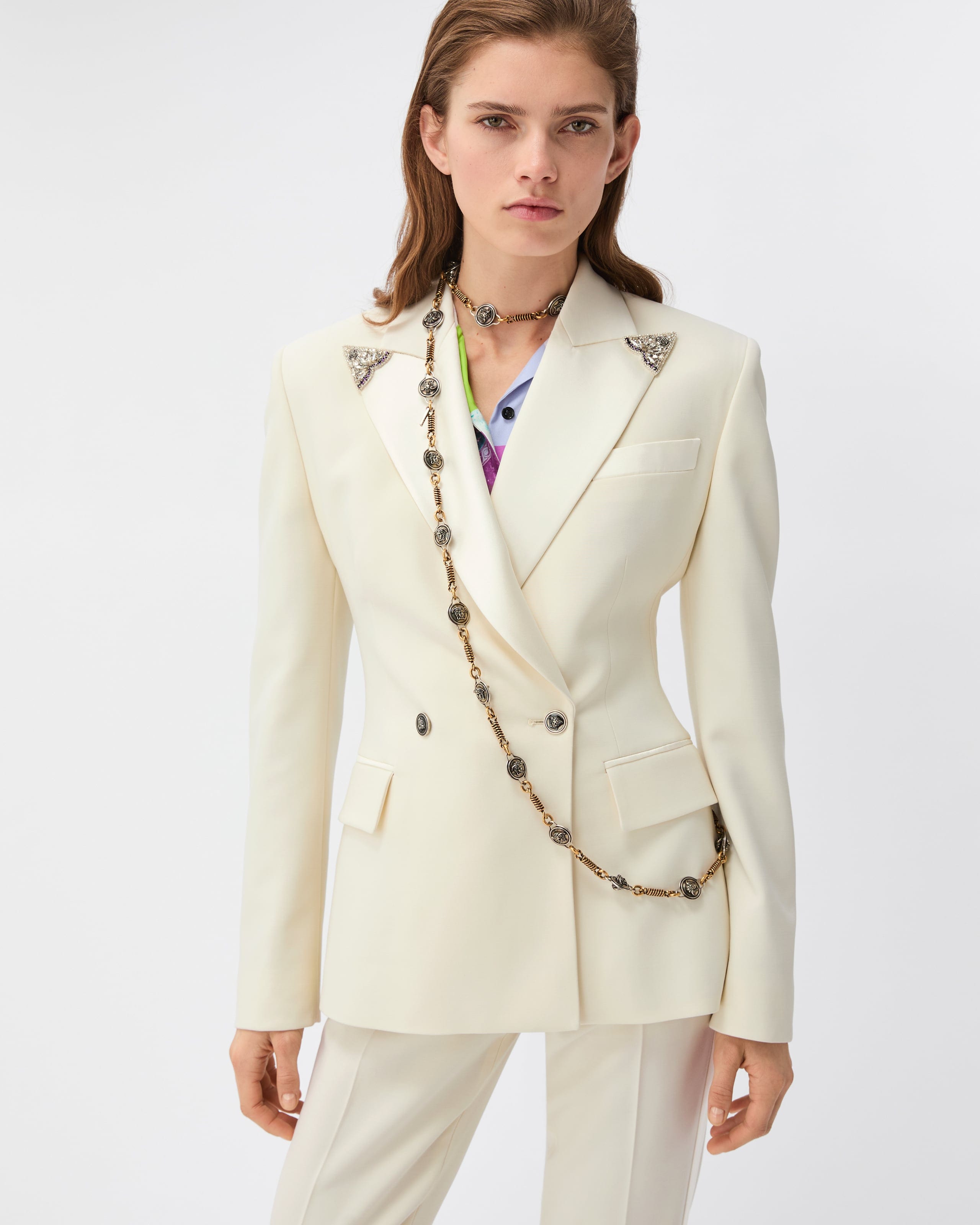 Versace Stretch Wool Blazer With Embroidered Lapels In White
