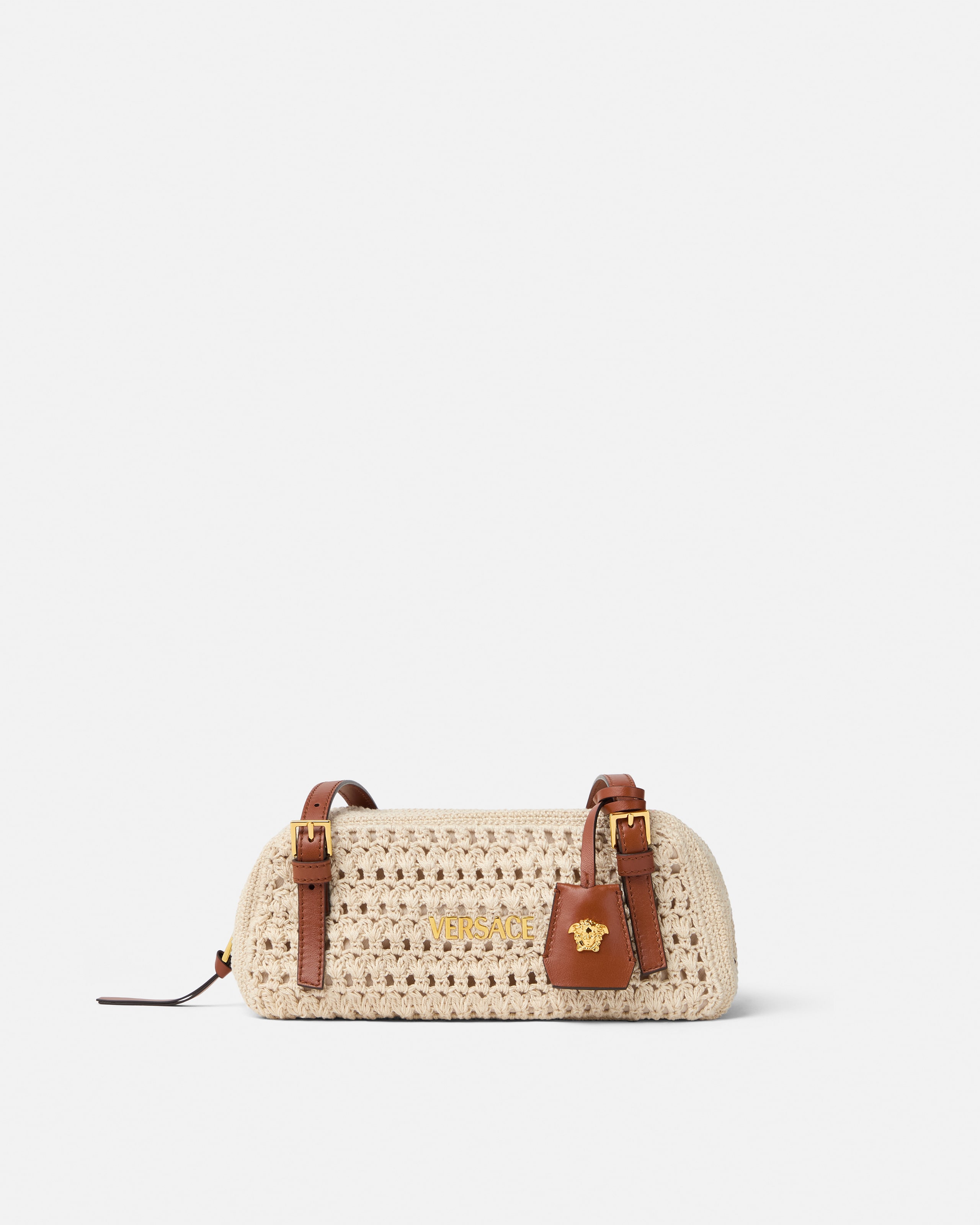 Versace Tag Raffia Bowling Bag In Sand