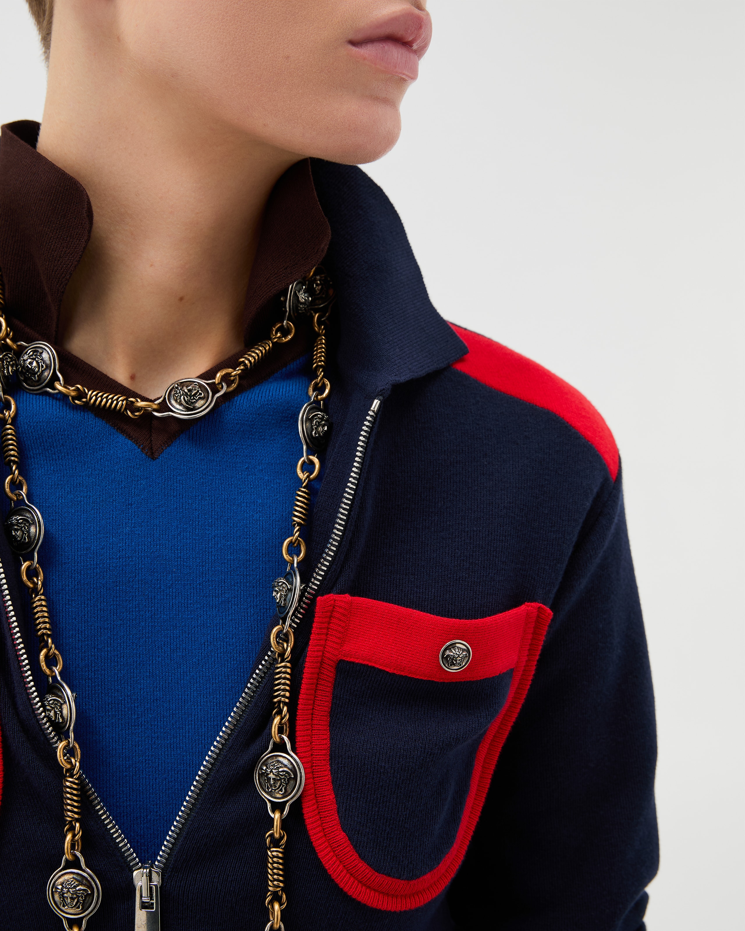 Cotton Knit Zip Cardigan Blue | VERSACE US