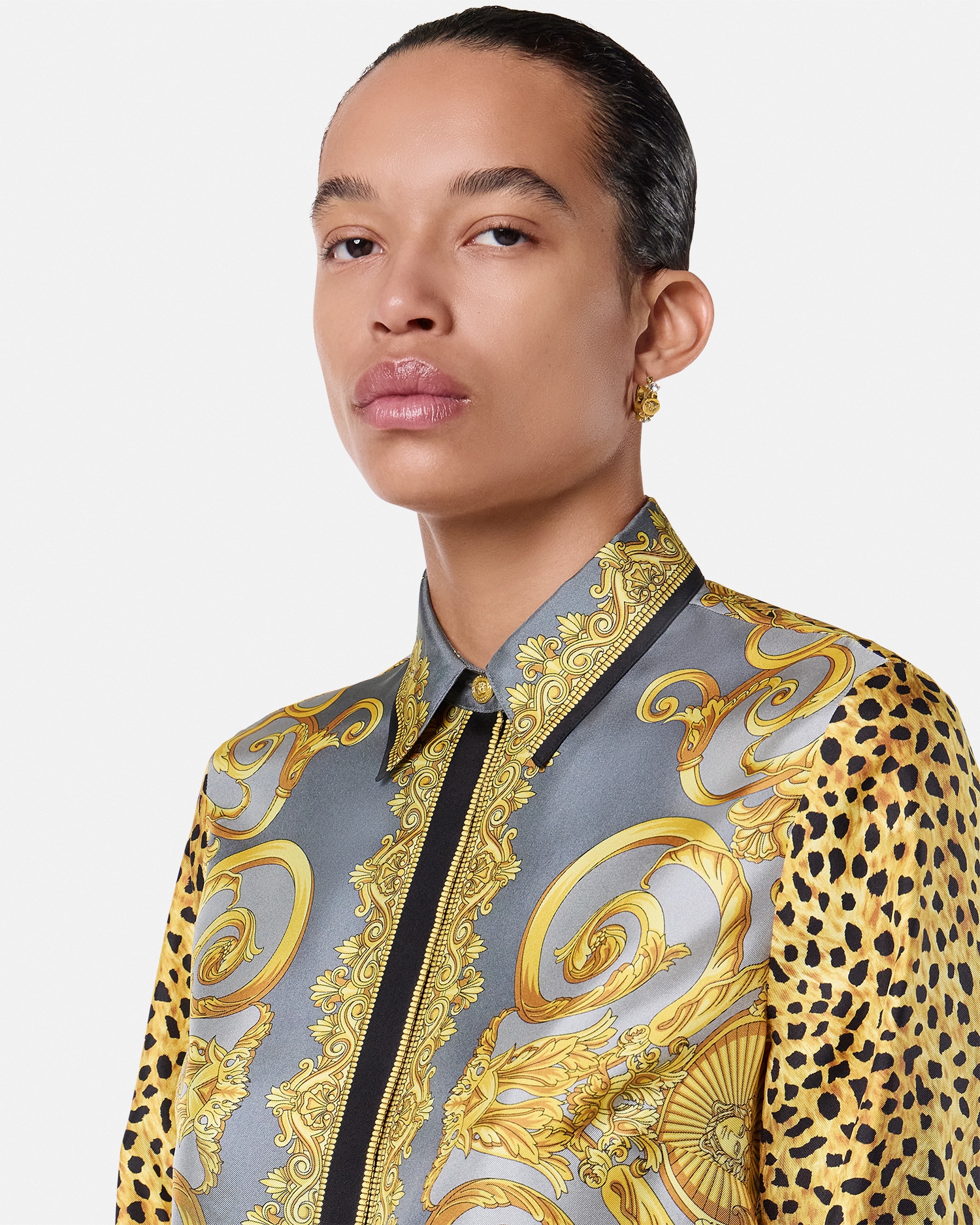 Cheetah Foulard Silk Shirt Gray,Gold | VERSACE US
