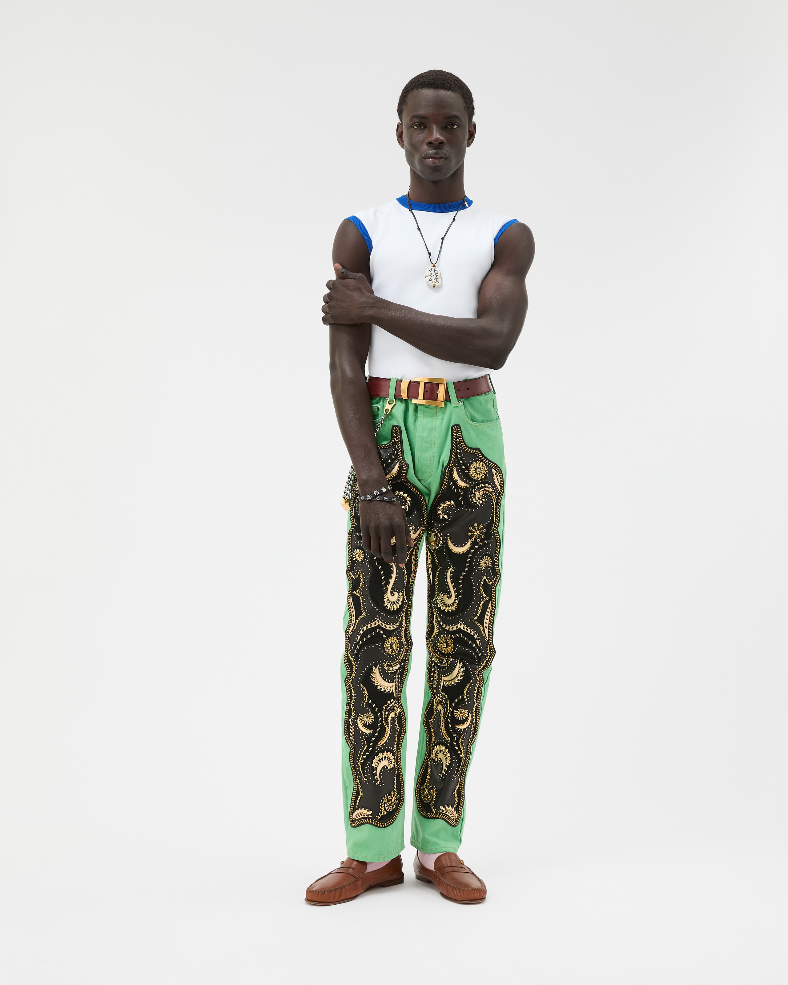 Embroidered Straight Jeans Green | VERSACE US
