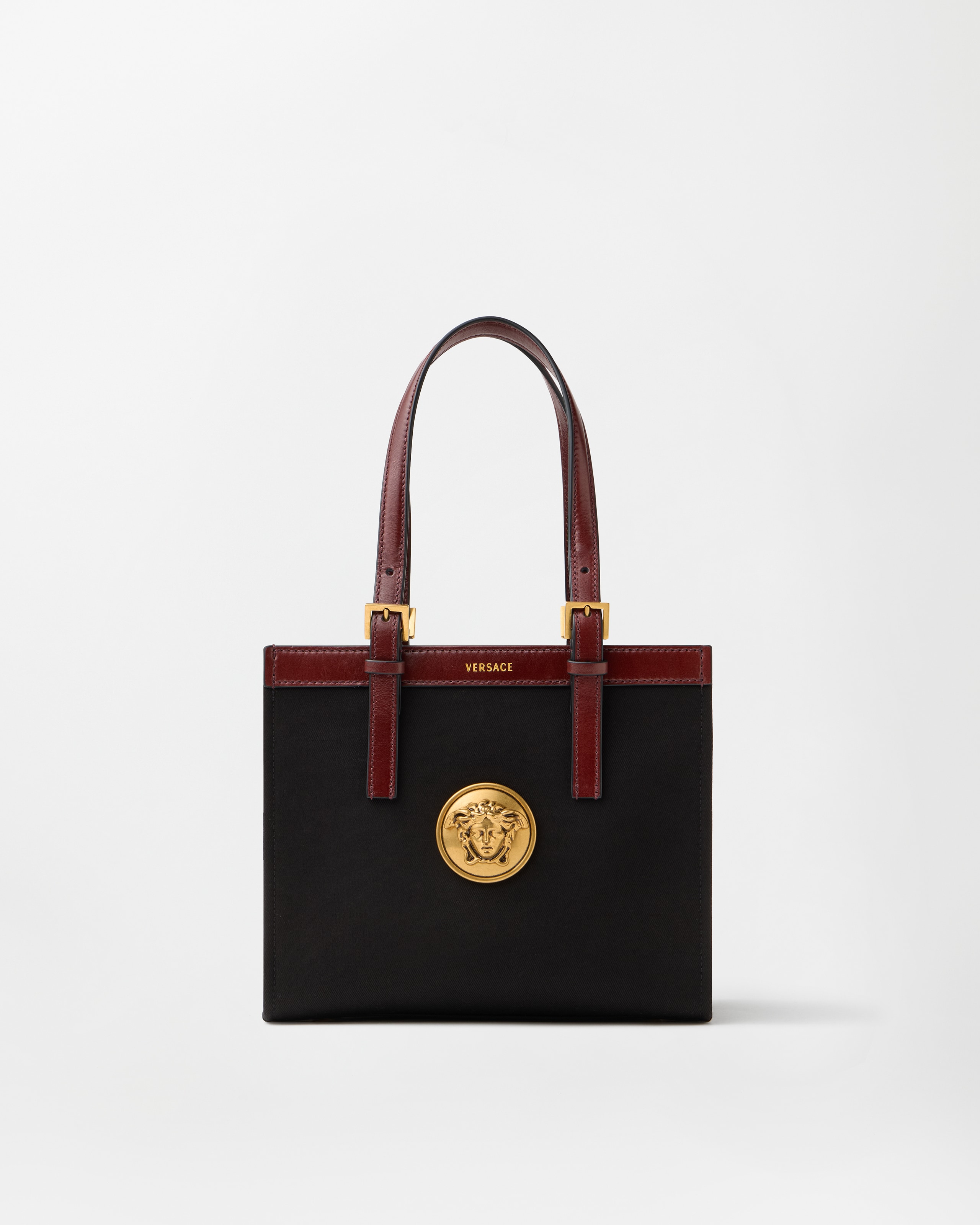 Versace Rivière Mini Canvas Tote In Black+brown
