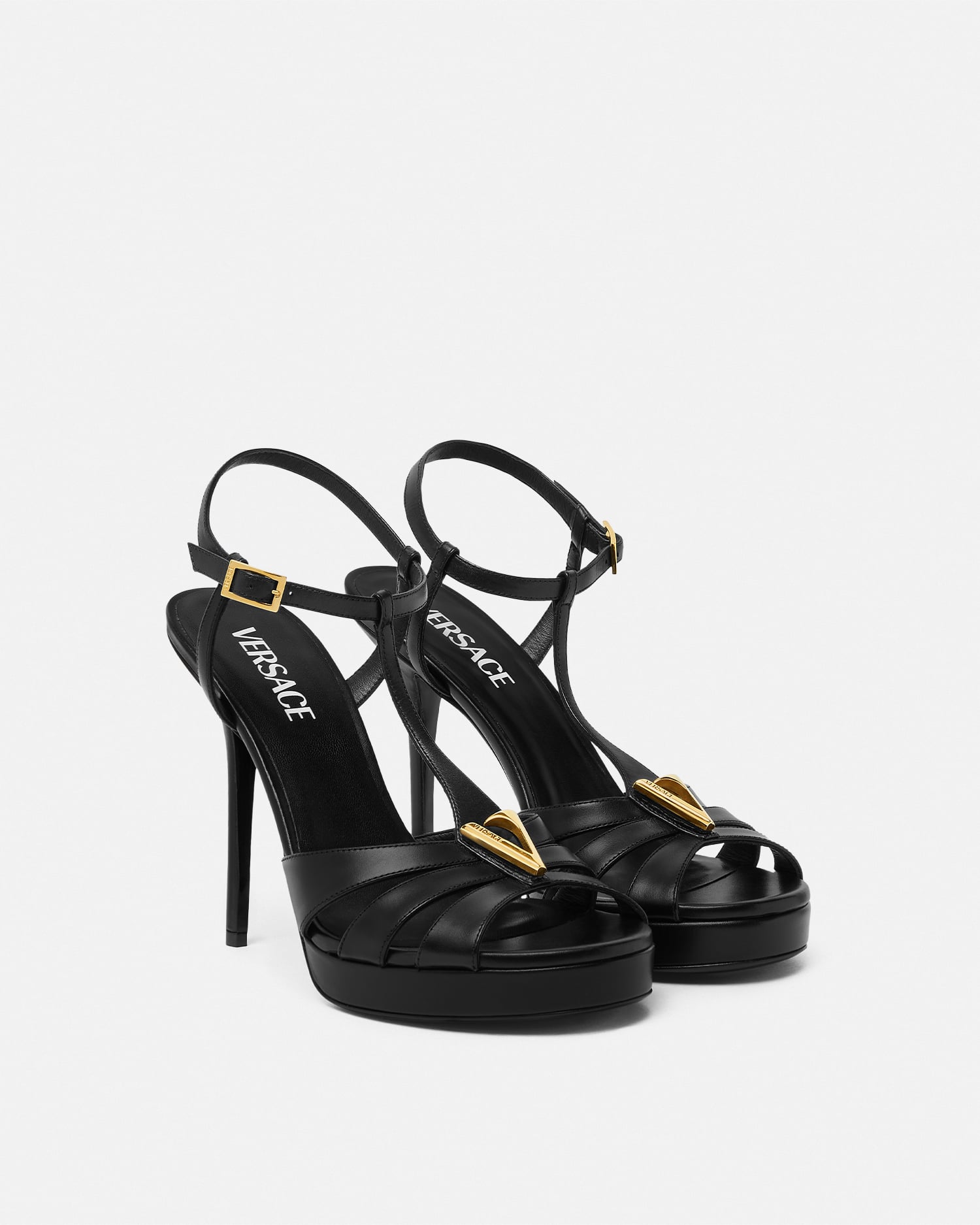 V Leather Sandals 115 mm Black,Gold | VERSACE US