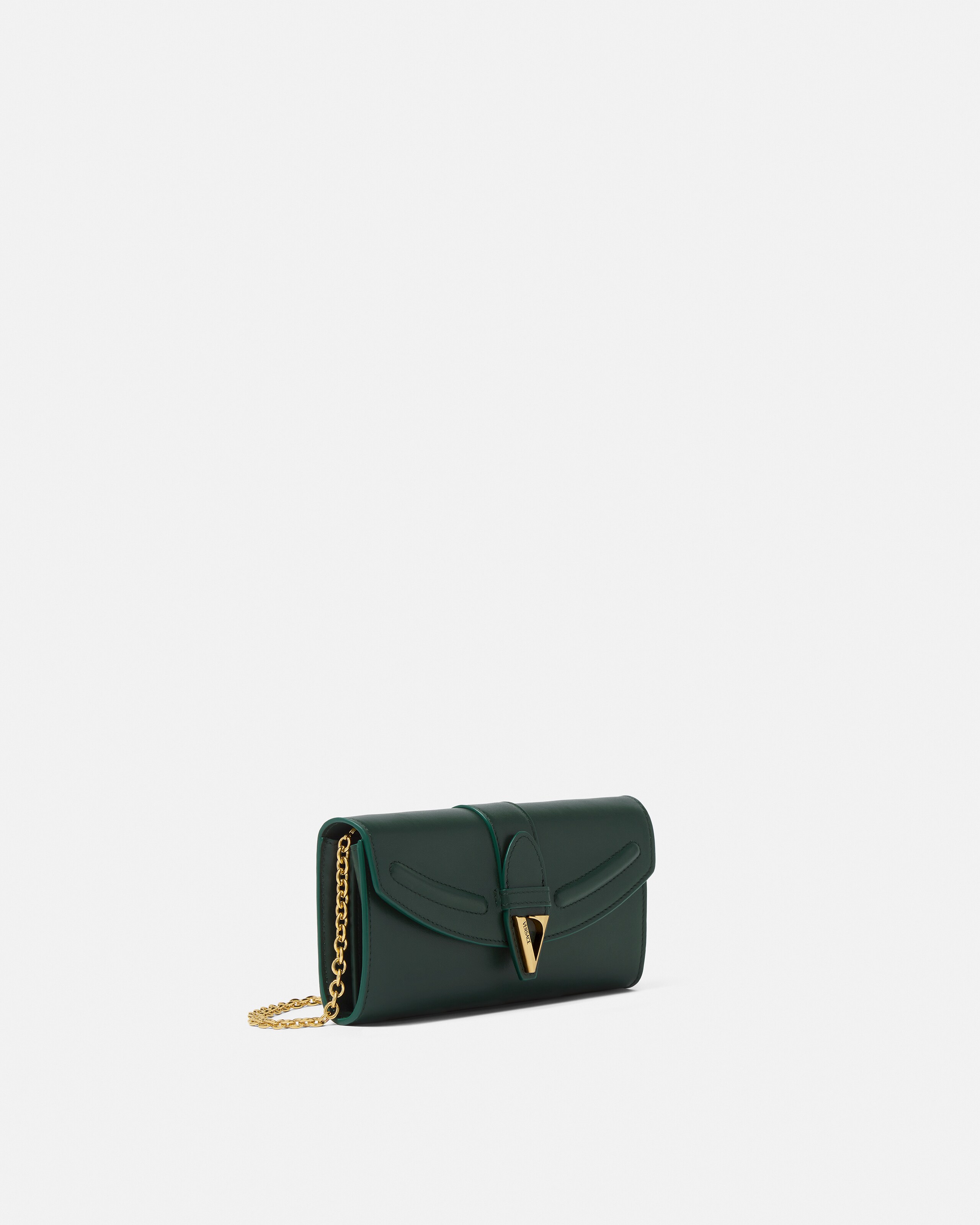 V Leather Wallet On Chain Black,Gold | VERSACE US