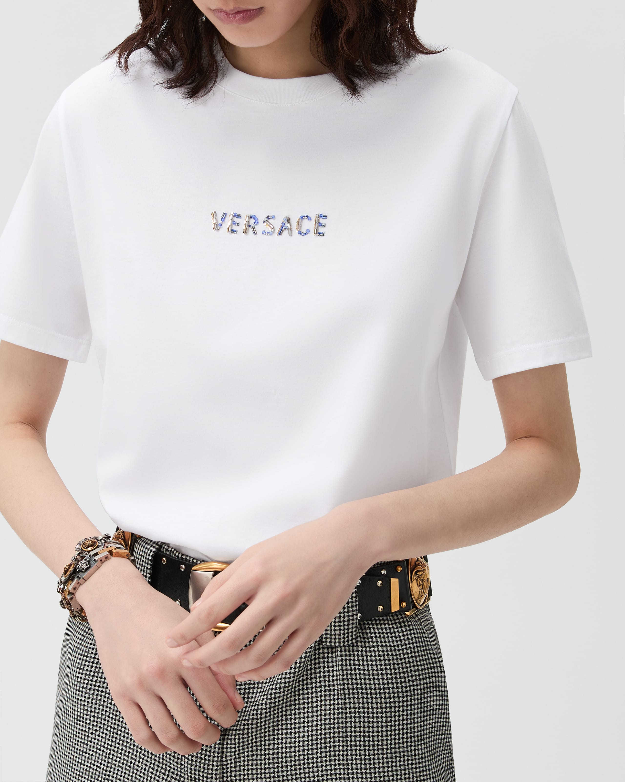 Embroidered Cotton-Jersey T-Shirt White | VERSACE US
