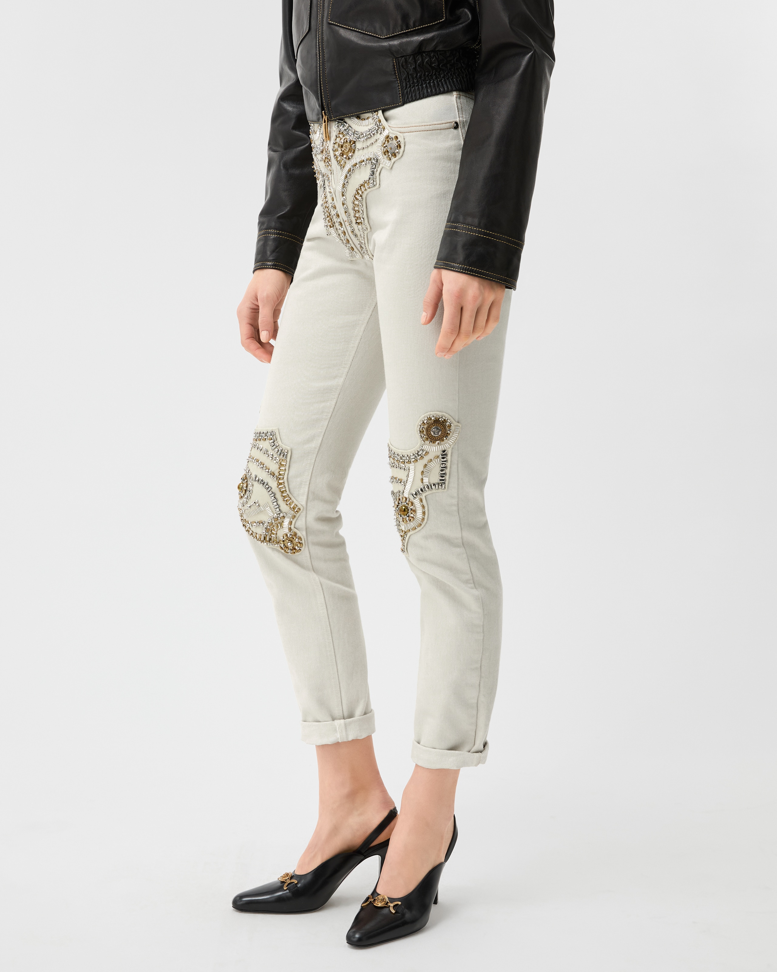 Embroidered Straight Jeans White | VERSACE US