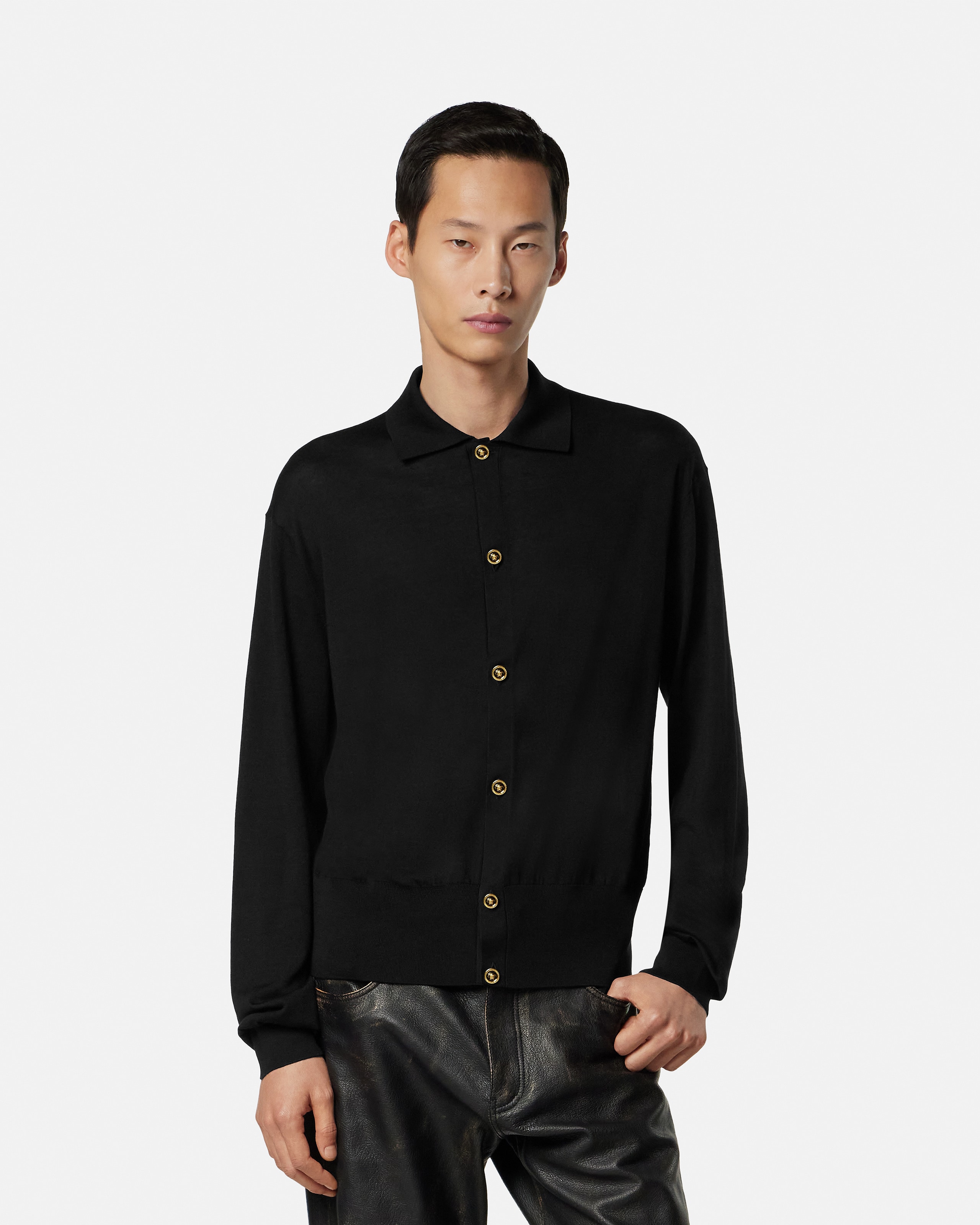Silk-Cotton Knit Polo Cardigan Red | VERSACE US